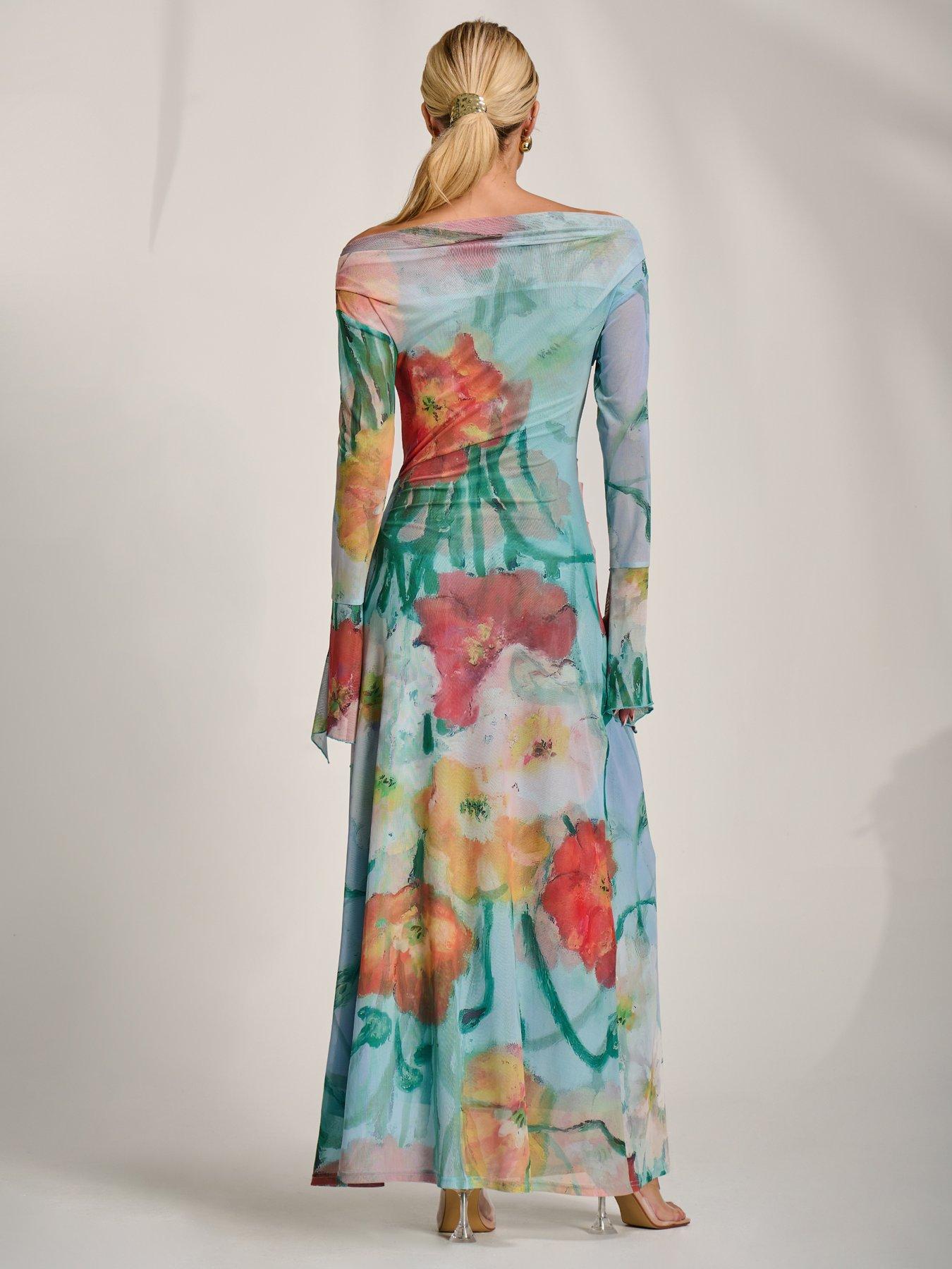 Image 2 of 7 of Jolie Moi Long Sleeve Slash Neck Mesh Maxi Dress - Blue