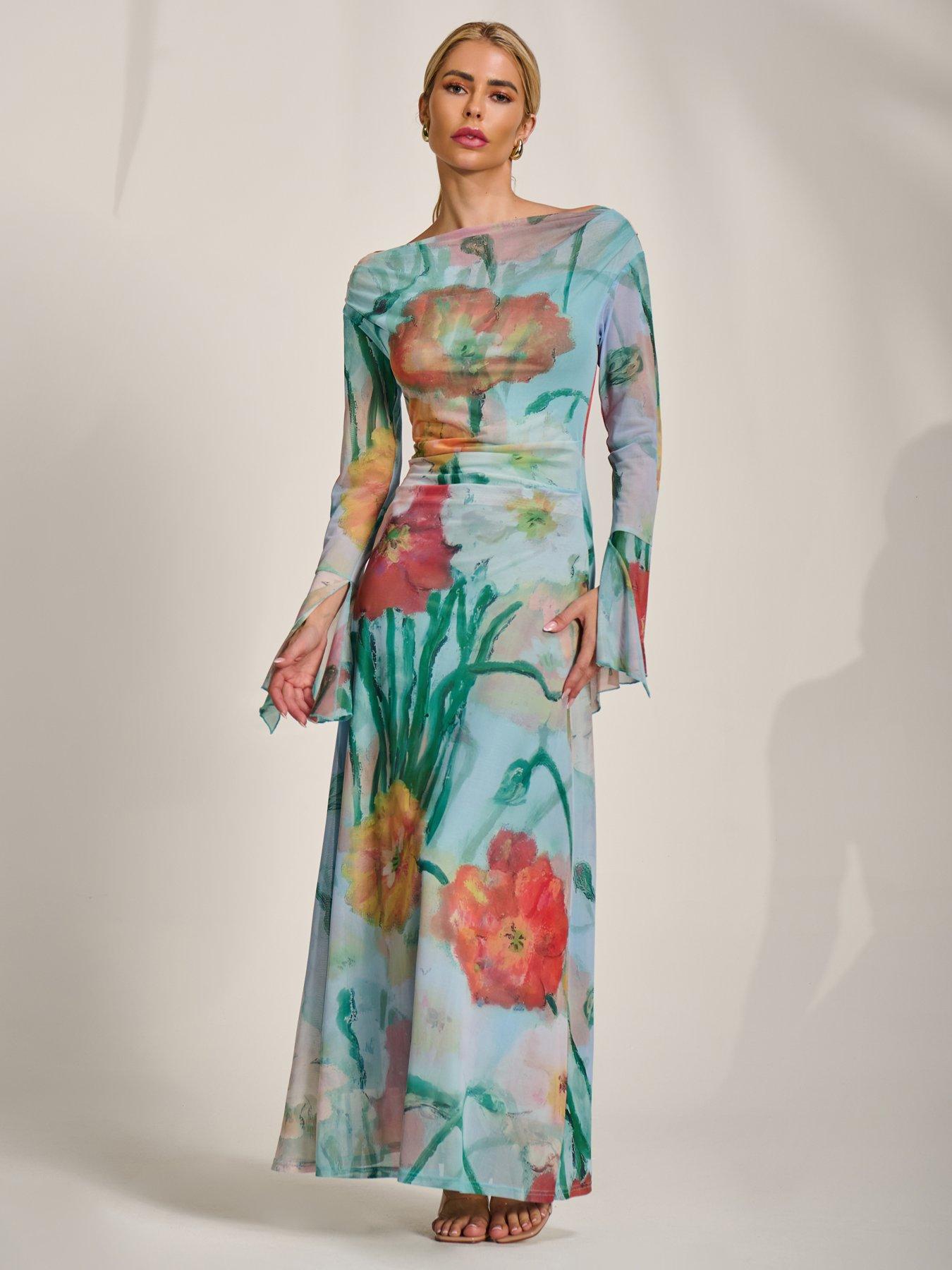 Image 3 of 7 of Jolie Moi Long Sleeve Slash Neck Mesh Maxi Dress - Blue