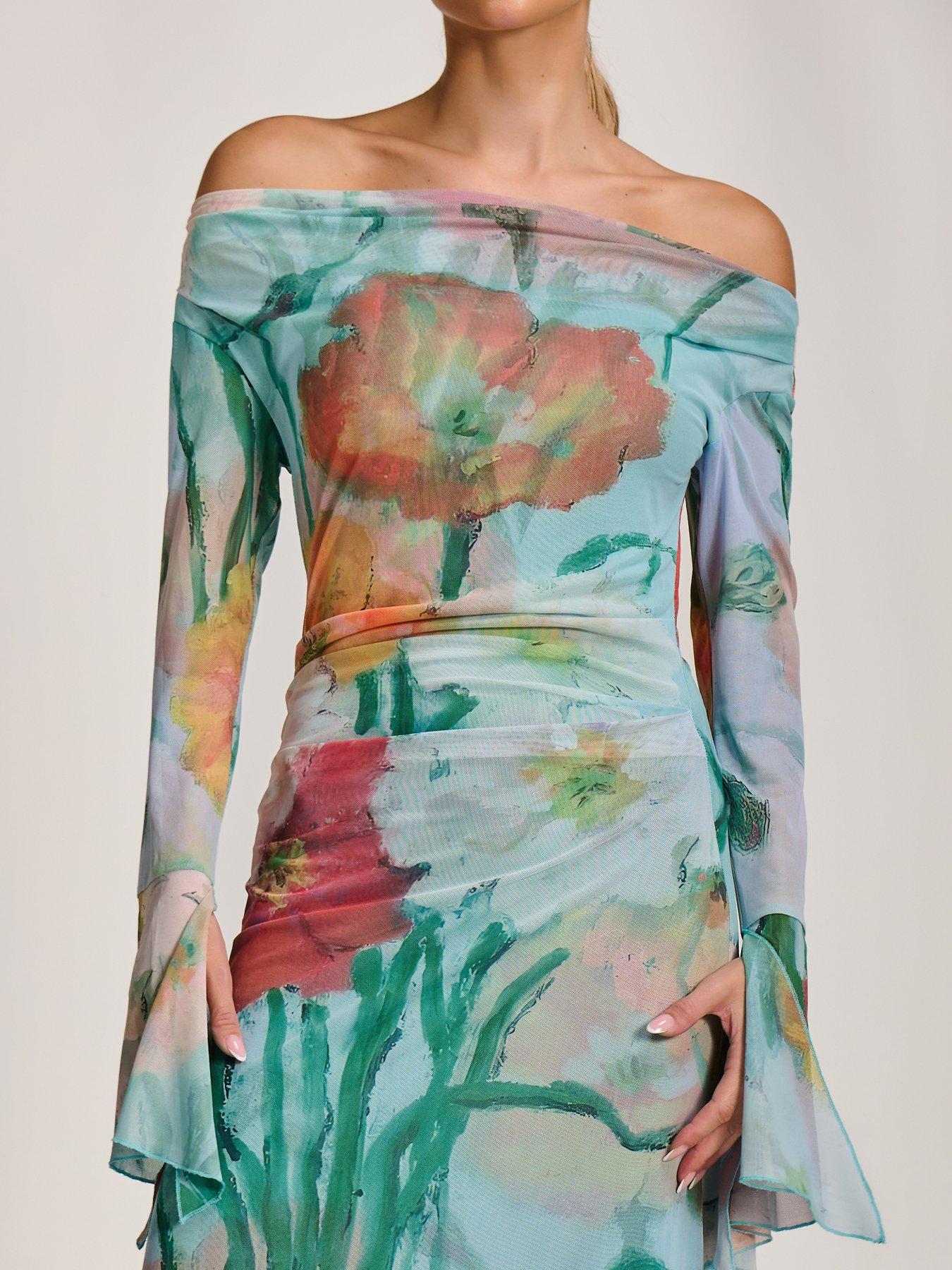 Image 4 of 7 of Jolie Moi Long Sleeve Slash Neck Mesh Maxi Dress - Blue
