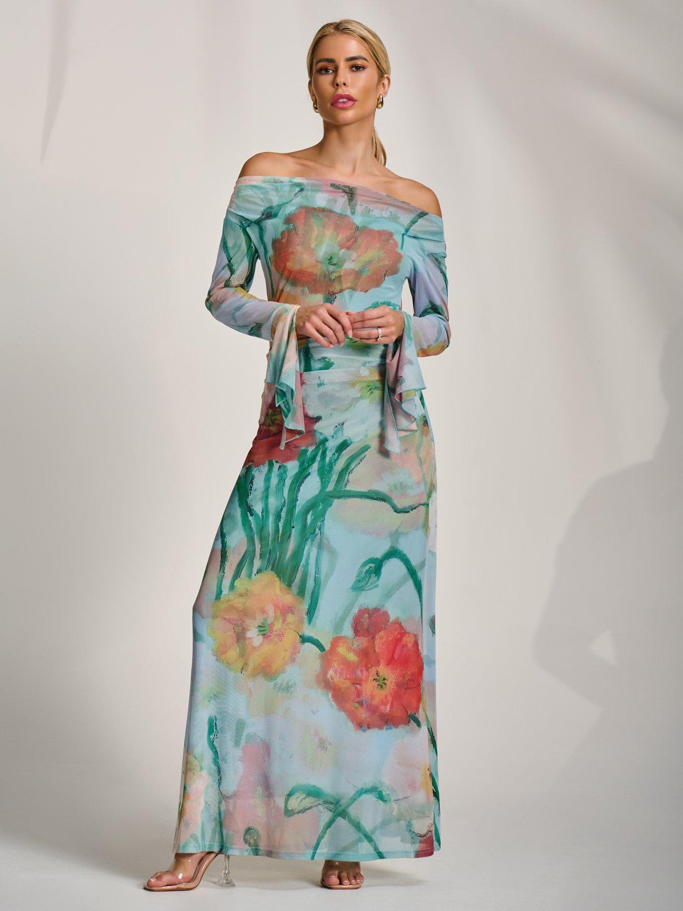 Image 5 of 7 of Jolie Moi Long Sleeve Slash Neck Mesh Maxi Dress - Blue