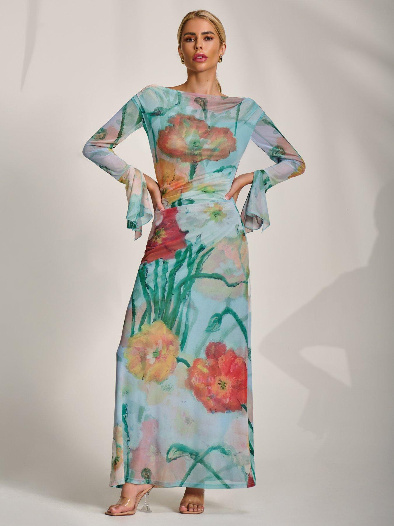 Image 6 of 7 of Jolie Moi Long Sleeve Slash Neck Mesh Maxi Dress - Blue