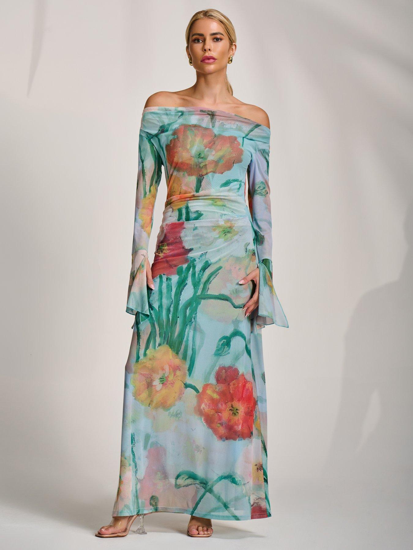 Image 7 of 7 of Jolie Moi Long Sleeve Slash Neck Mesh Maxi Dress - Blue