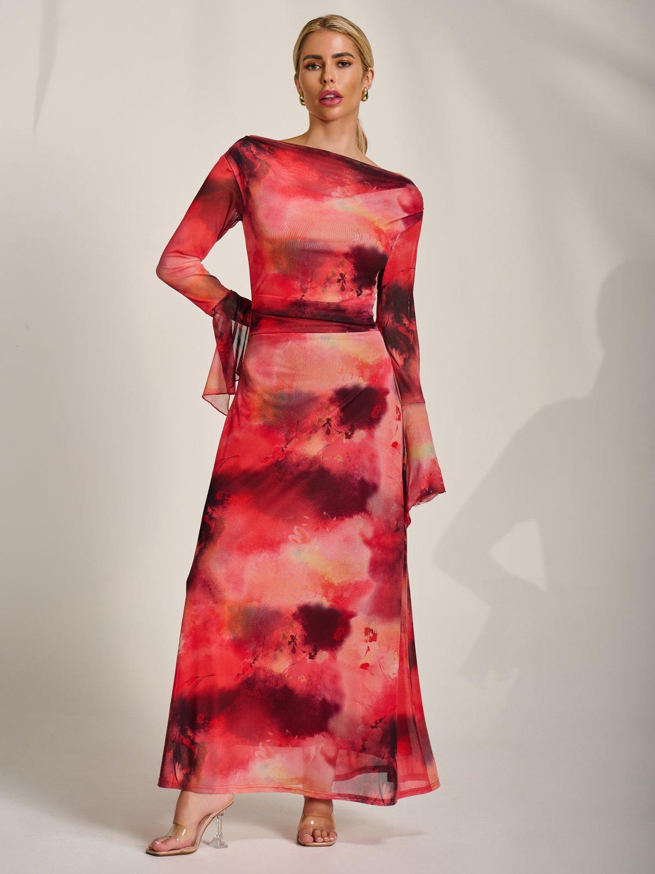 Jolie Moi Long Sleeve Slash Neck Mesh Maxi Dress