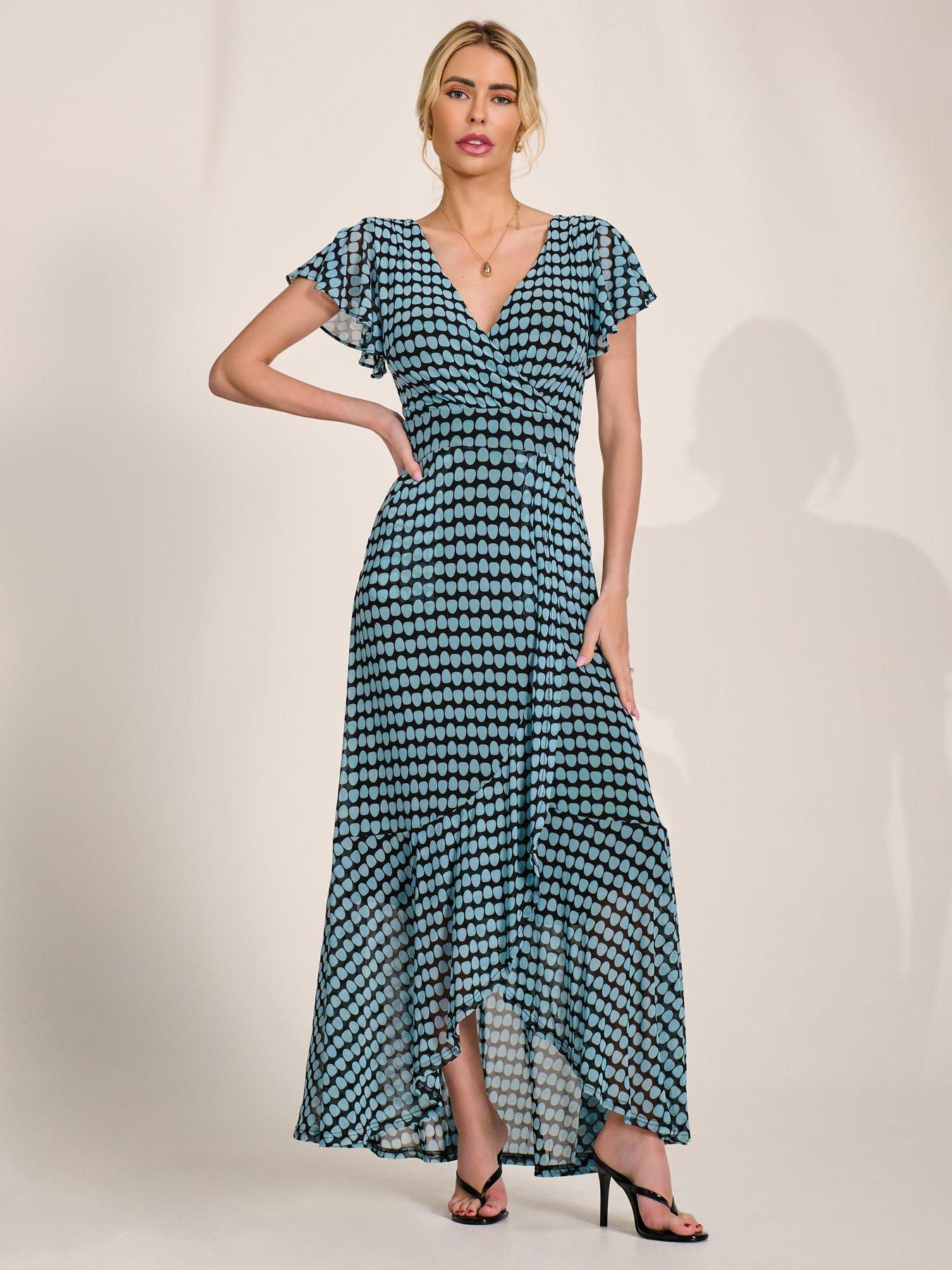 Jolie Moi Geo Print Ruffle Hem Mesh Maxi Dress - Blue
