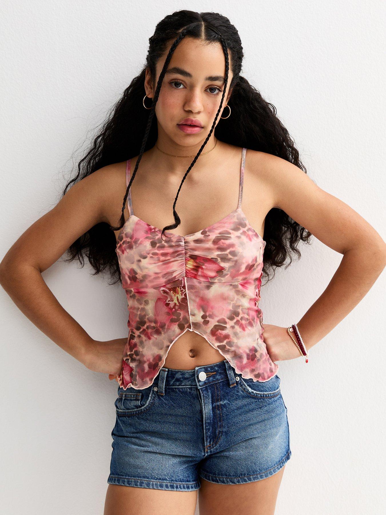 New Look 915 Girls Leopard Floral Print Mesh Split Hem Cami Top - Brown