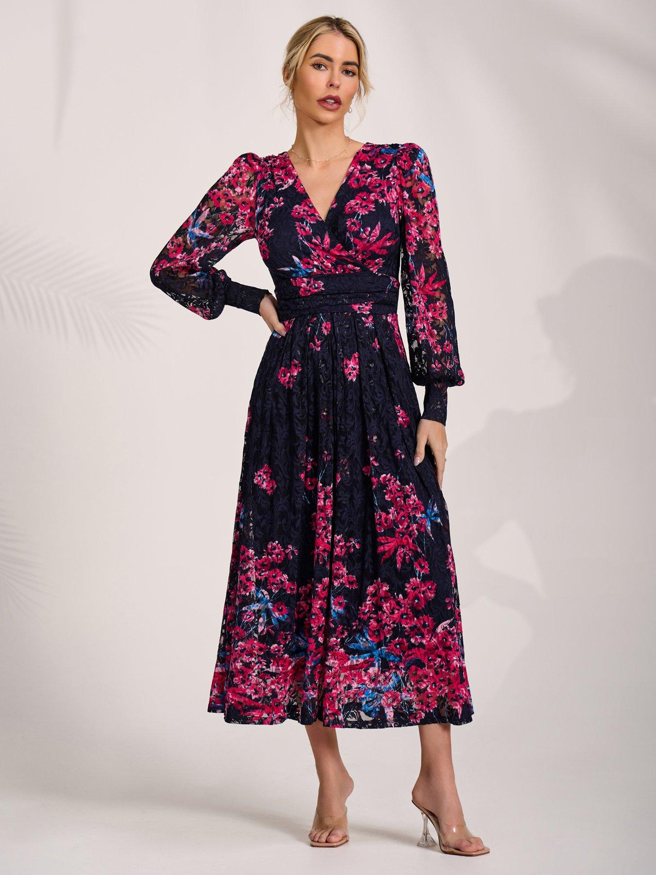 Jolie Moi Long Sleeve Printed Lace Maxi Dress - Black