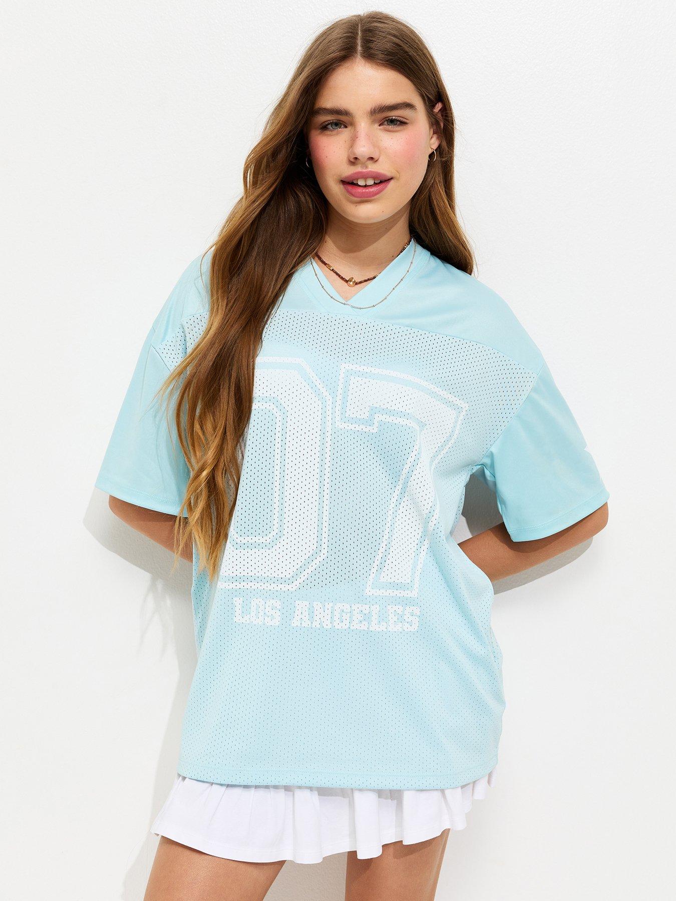 New Look 915 Girls Blue 07 Print Mesh Panel Longline Top - Light Blue
