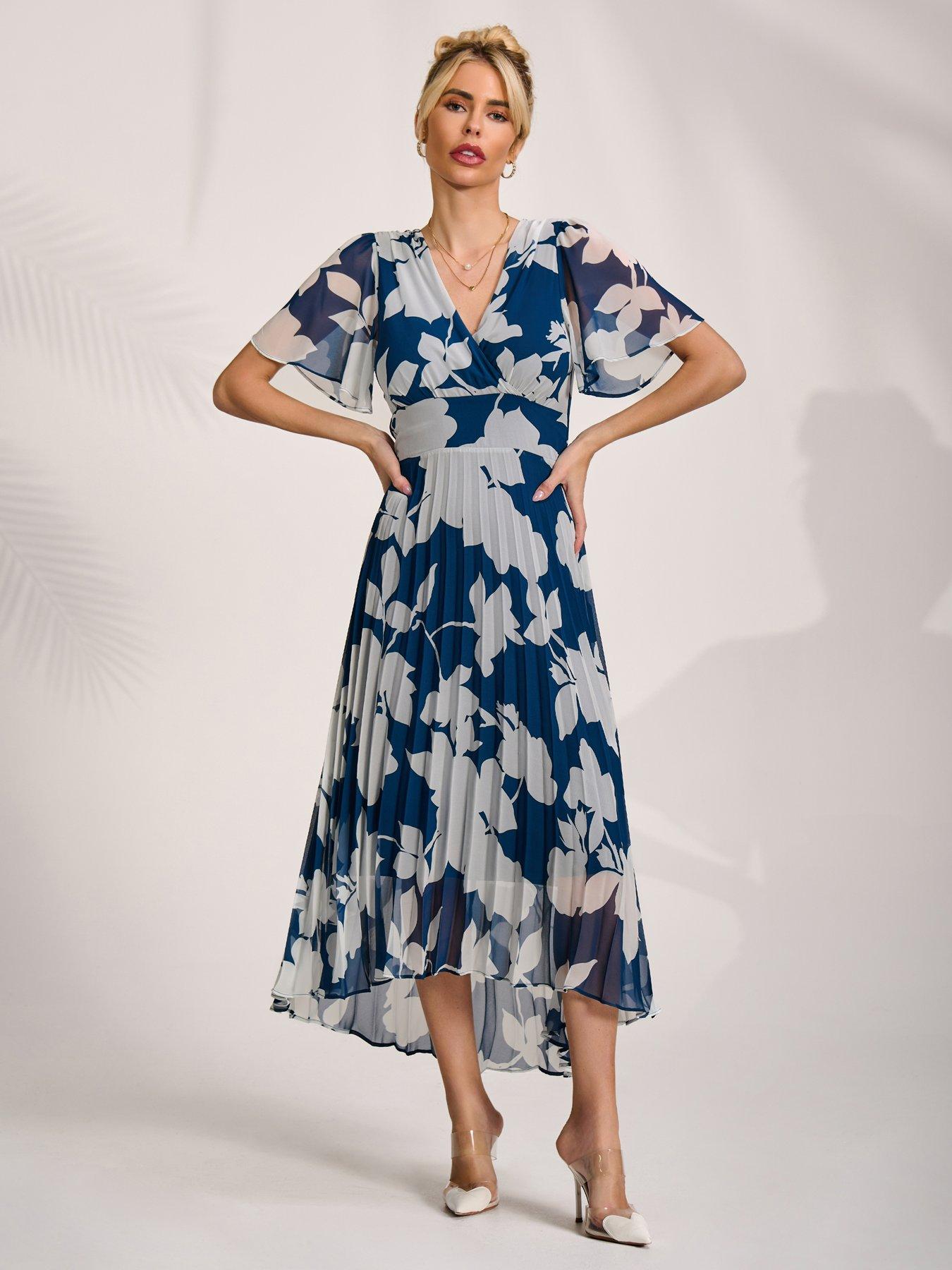 Image 1 of 7 of Jolie Moi Pleated Chiffon Maxi Dress - Blue