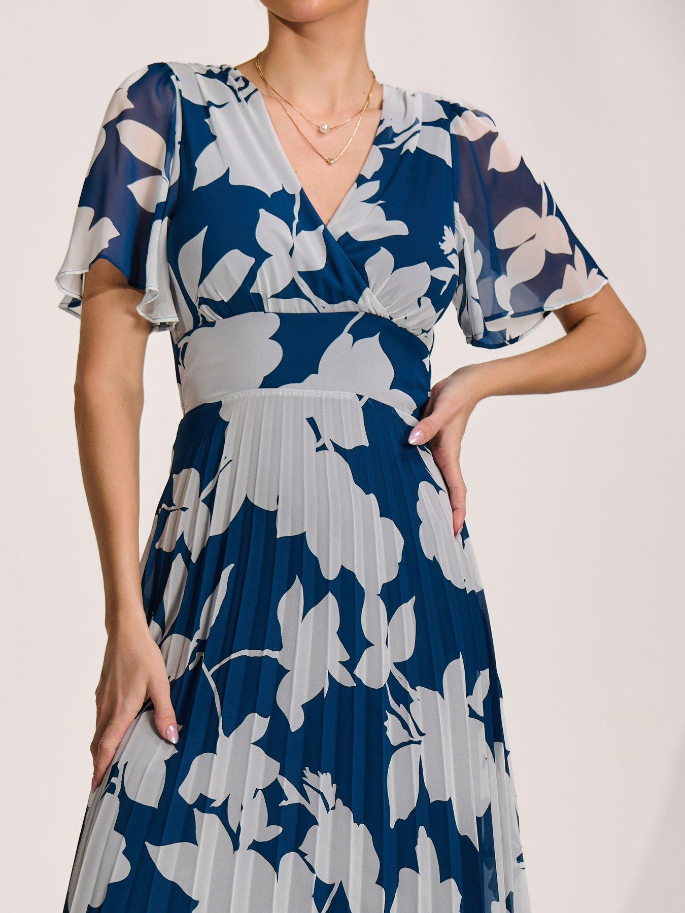 Image 4 of 7 of Jolie Moi Pleated Chiffon Maxi Dress - Blue