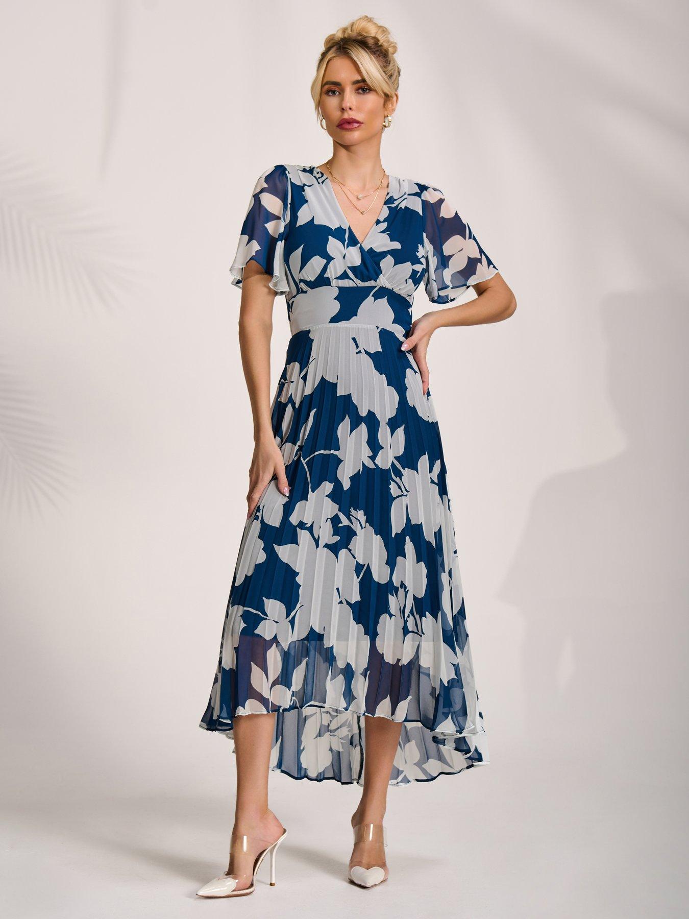 Image 6 of 7 of Jolie Moi Pleated Chiffon Maxi Dress - Blue