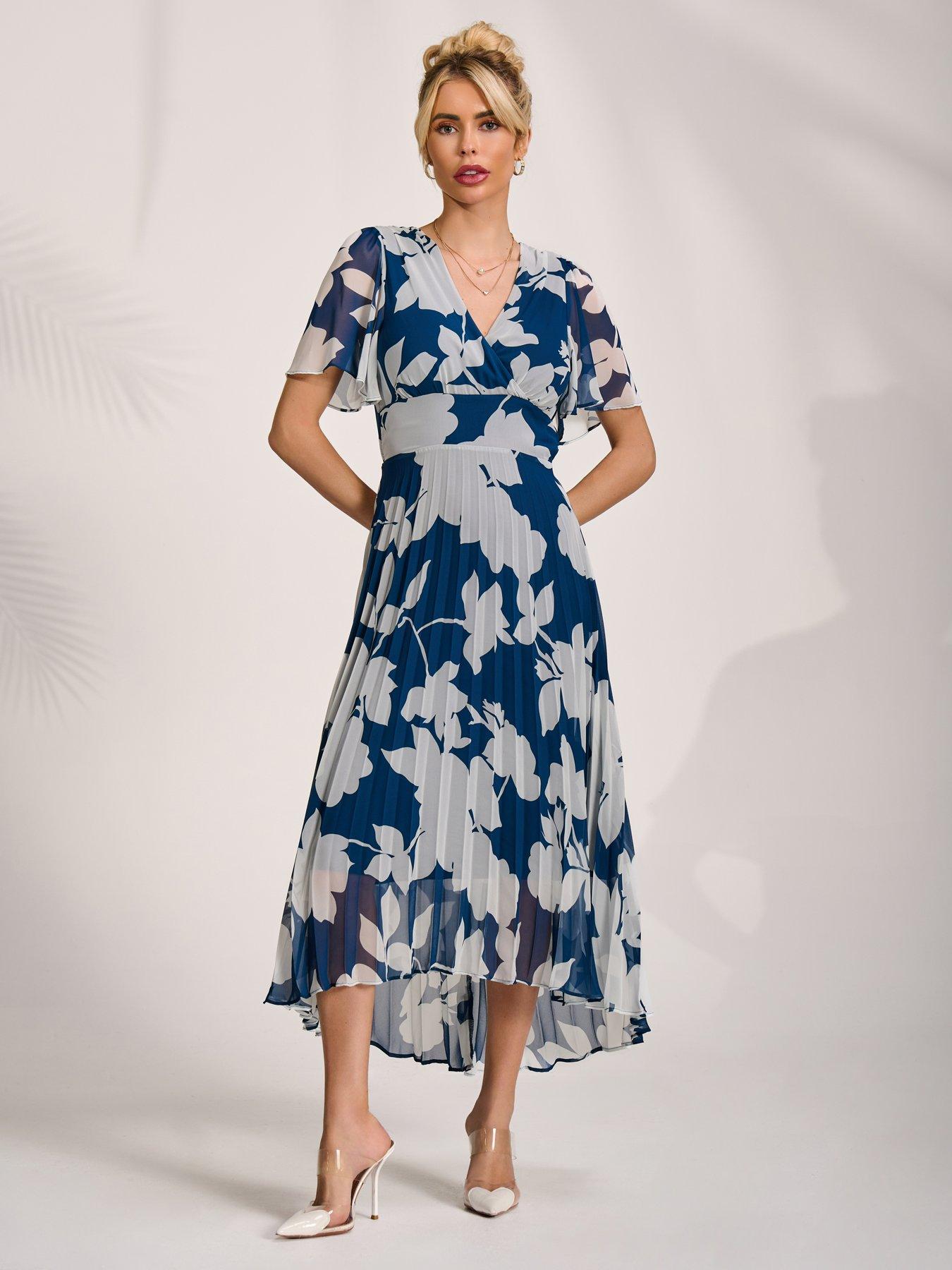 Image 7 of 7 of Jolie Moi Pleated Chiffon Maxi Dress - Blue