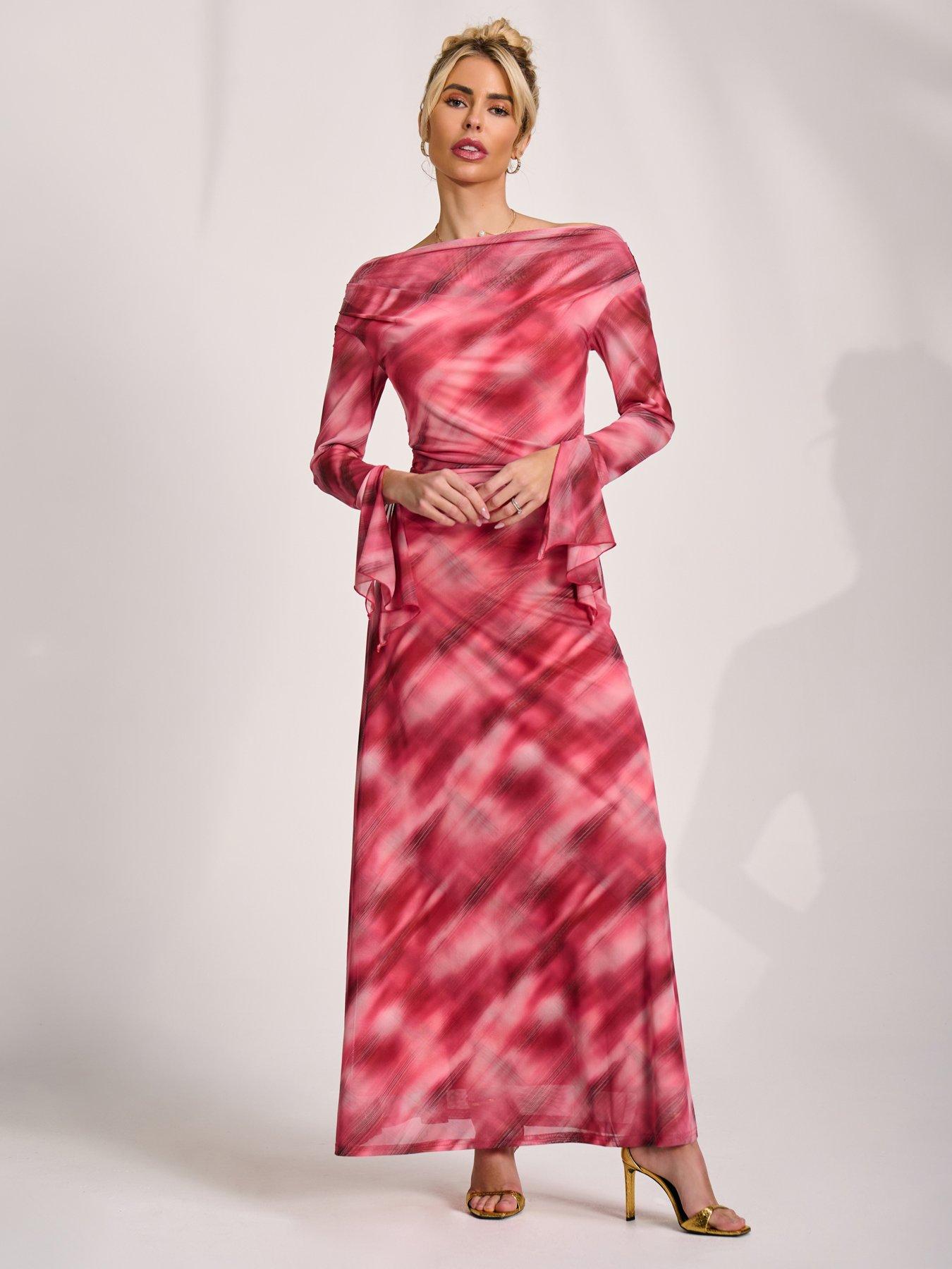 Jolie Moi Long Sleeve Slash Neck Mesh Maxi Dress