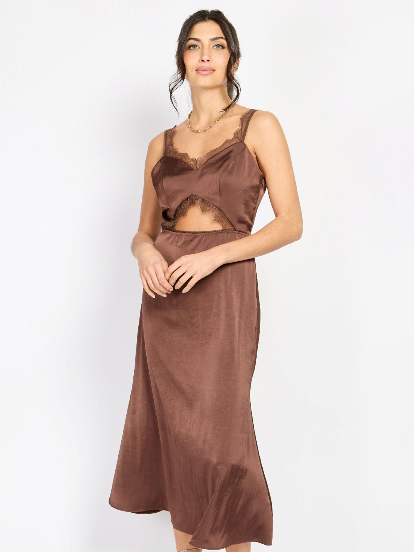 Little Mistress Chocolate Lace Trim Satin Midi Dress By Chloe Lewis - Brown