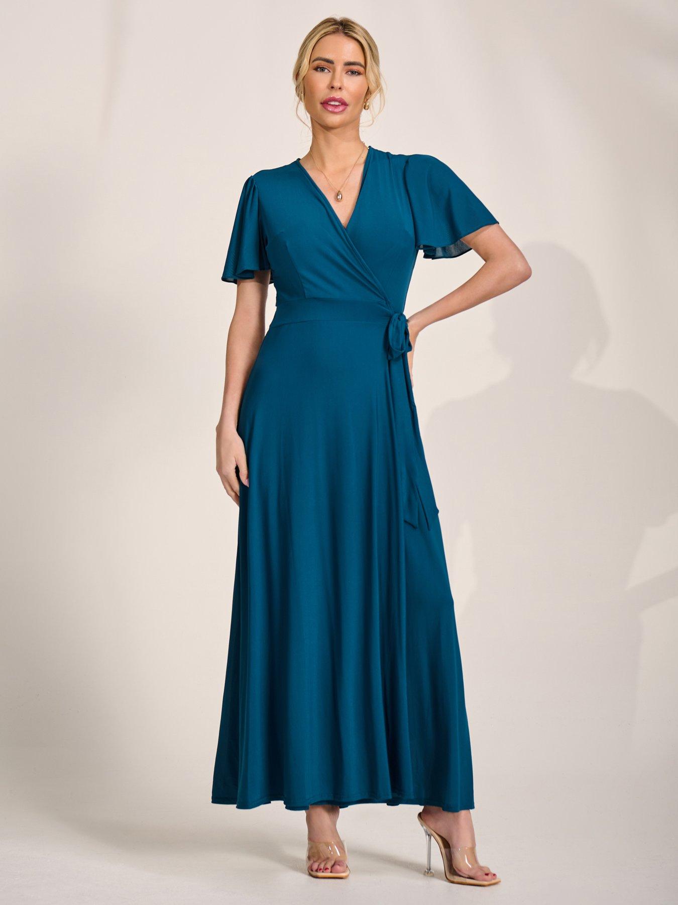 Image 1 of 7 of Jolie Moi Angel Sleeve Wrapped Mesh Maxi Dress - Blue