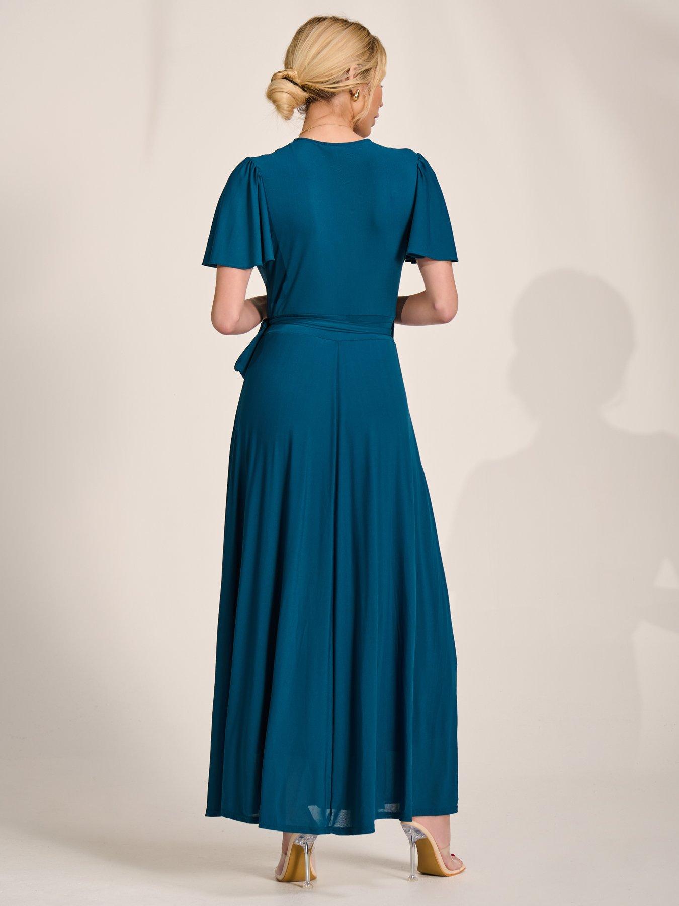 Image 2 of 7 of Jolie Moi Angel Sleeve Wrapped Mesh Maxi Dress - Blue