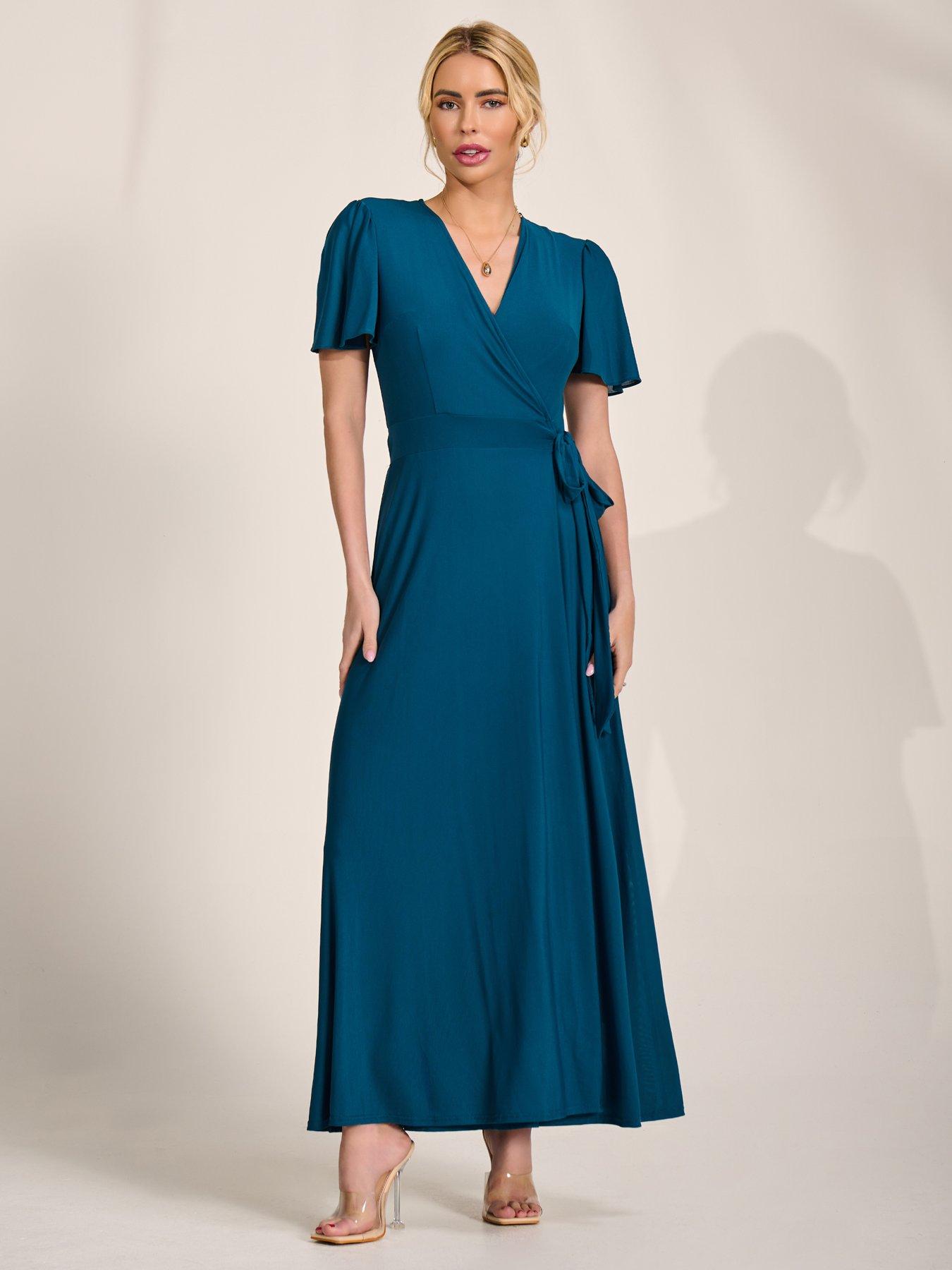 Image 3 of 7 of Jolie Moi Angel Sleeve Wrapped Mesh Maxi Dress - Blue