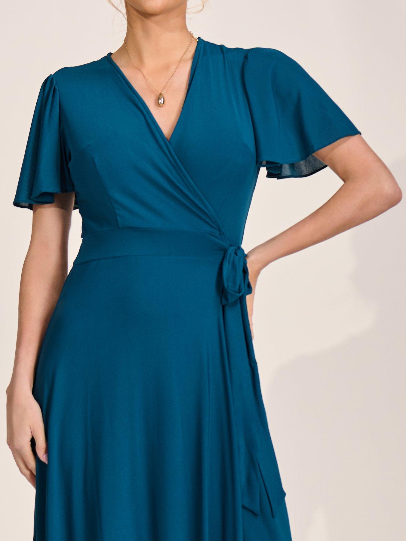 Image 4 of 7 of Jolie Moi Angel Sleeve Wrapped Mesh Maxi Dress - Blue