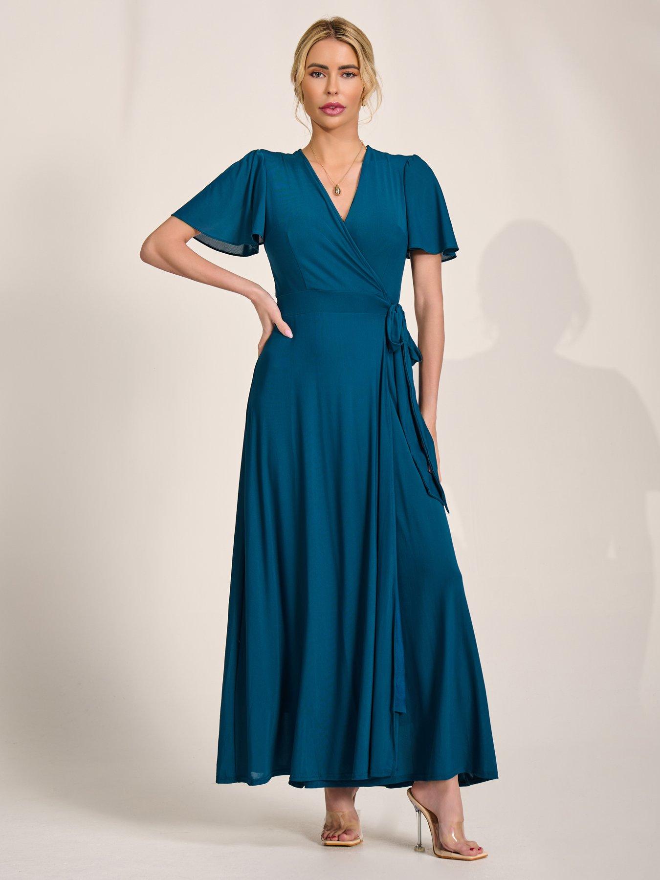 Image 5 of 7 of Jolie Moi Angel Sleeve Wrapped Mesh Maxi Dress - Blue