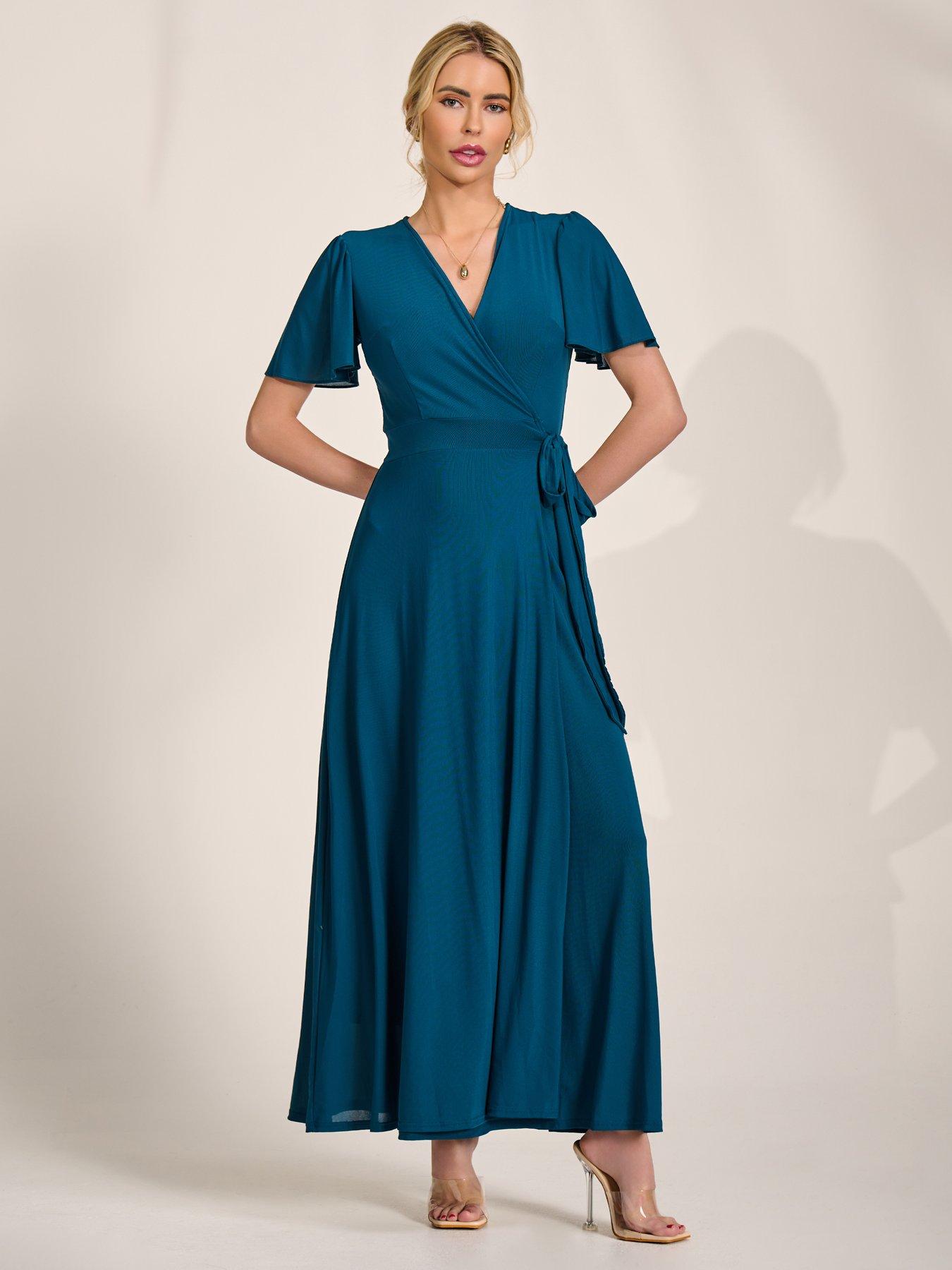 Image 6 of 7 of Jolie Moi Angel Sleeve Wrapped Mesh Maxi Dress - Blue