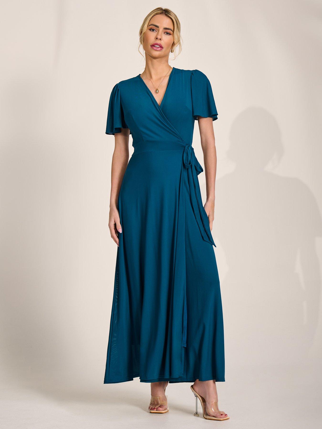 Image 7 of 7 of Jolie Moi Angel Sleeve Wrapped Mesh Maxi Dress - Blue