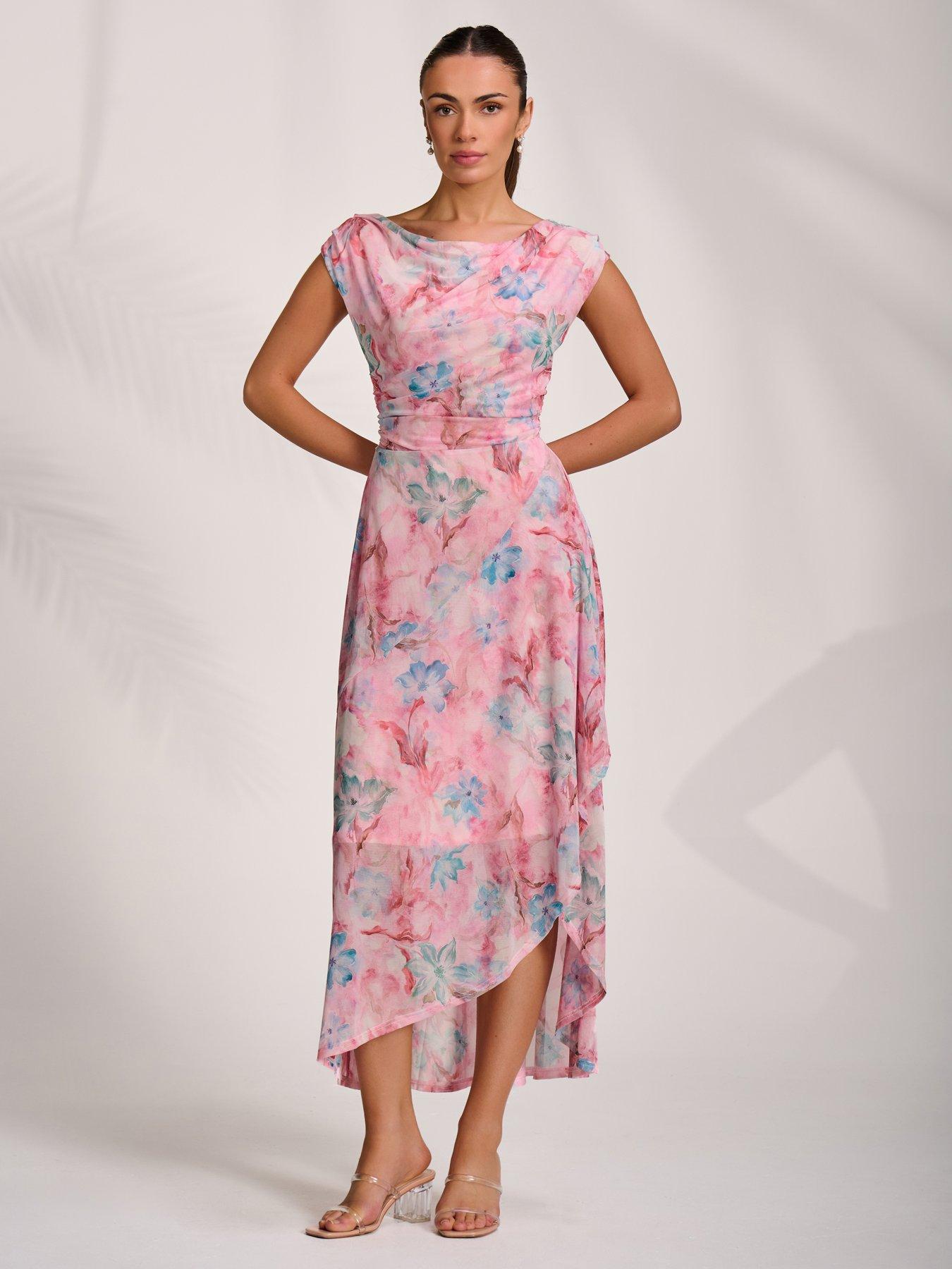 Image 1 of 7 of Jolie Moi Asymmetric Draped Mesh Maxi Dress - Pink
