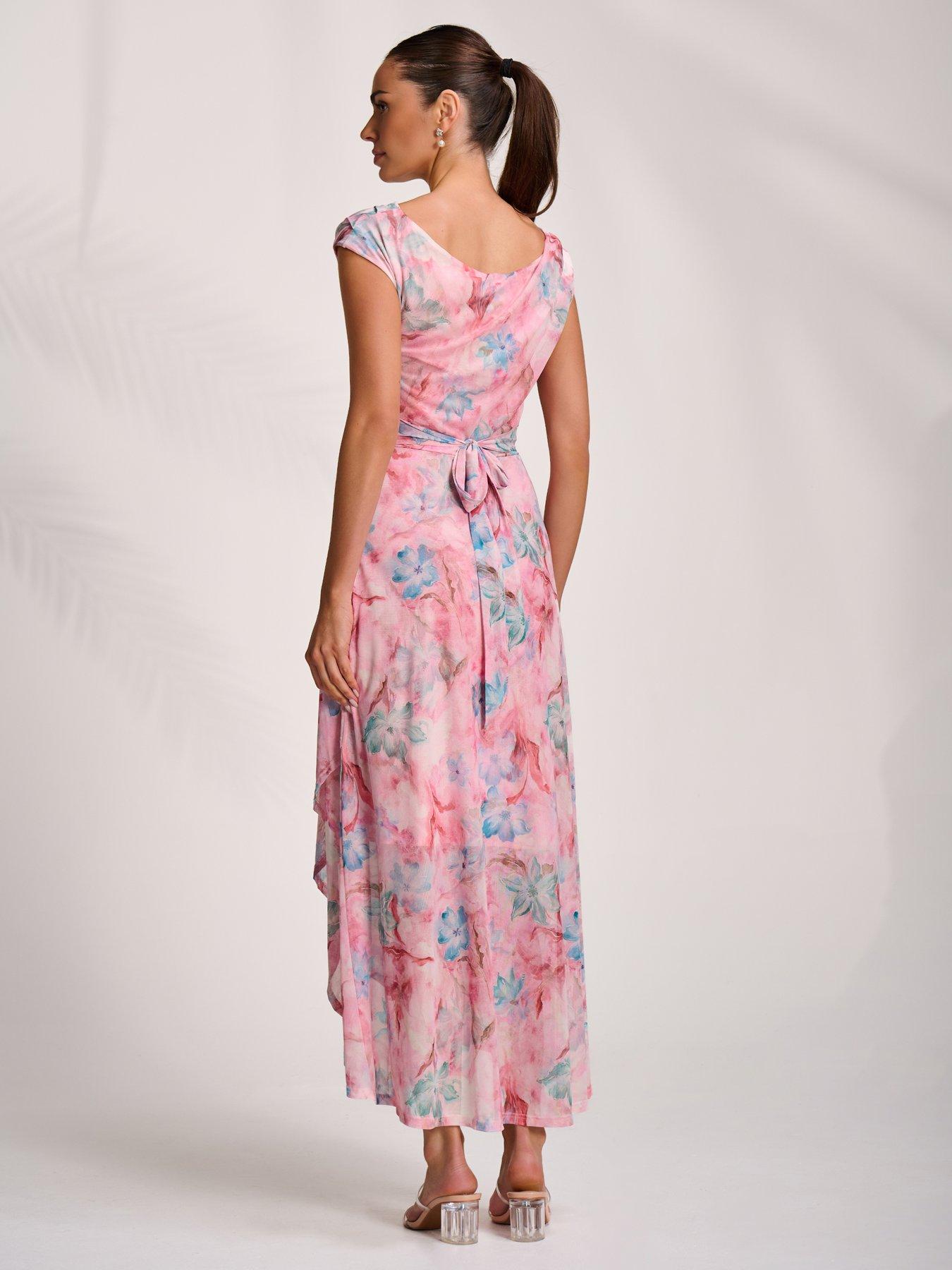 Image 2 of 7 of Jolie Moi Asymmetric Draped Mesh Maxi Dress - Pink