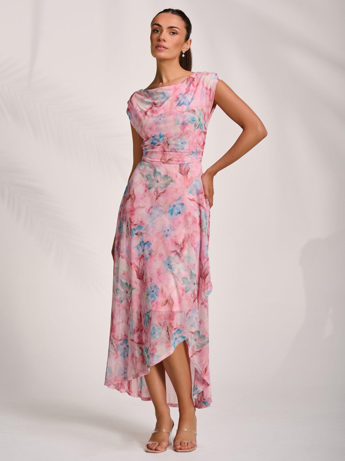 Image 3 of 7 of Jolie Moi Asymmetric Draped Mesh Maxi Dress - Pink