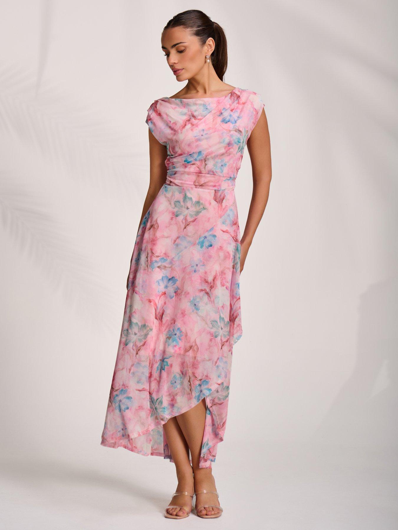 Image 5 of 7 of Jolie Moi Asymmetric Draped Mesh Maxi Dress - Pink