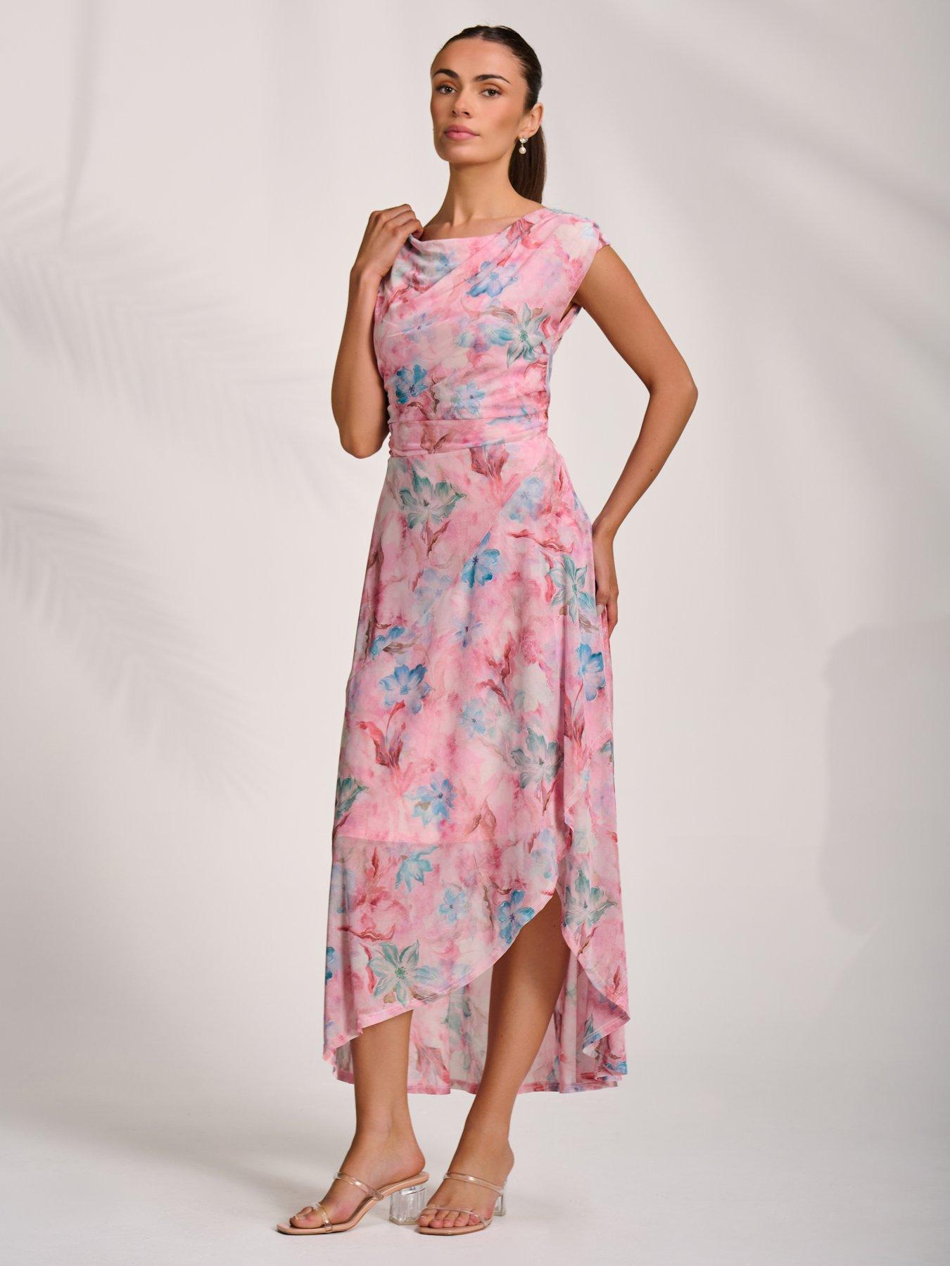 Image 6 of 7 of Jolie Moi Asymmetric Draped Mesh Maxi Dress - Pink