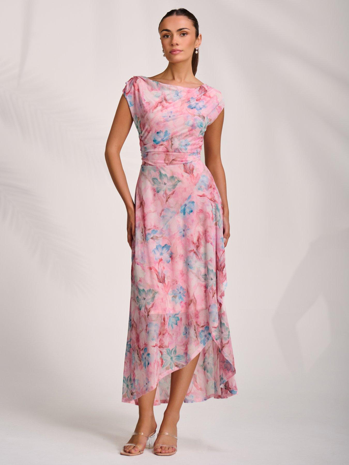 Image 7 of 7 of Jolie Moi Asymmetric Draped Mesh Maxi Dress - Pink