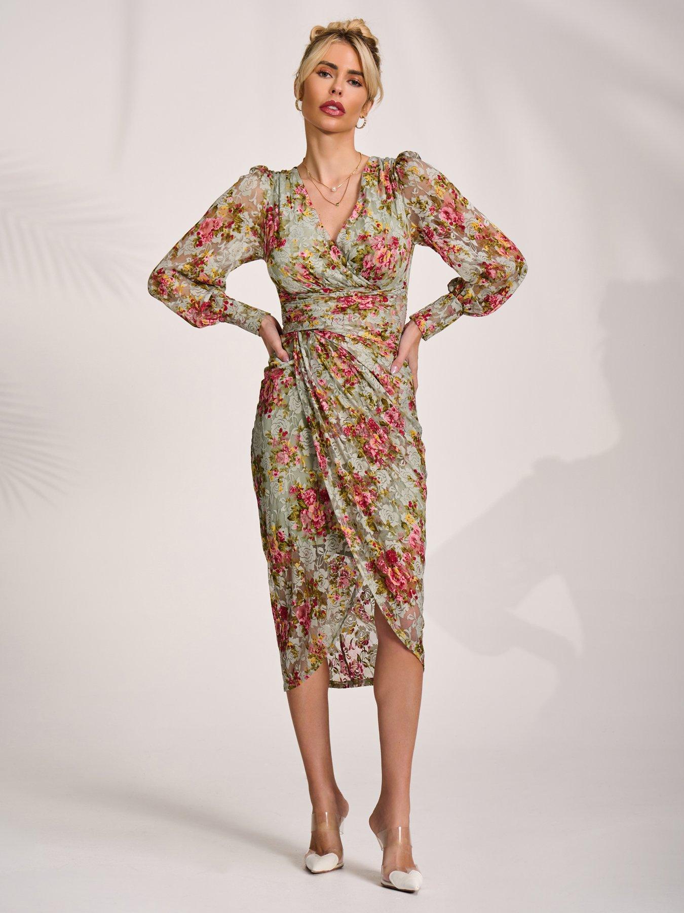 bodycon mexican dress Makayla Black Long-Sleeve Wrap Maxi Dress With Corsages – Club L London main image 1
