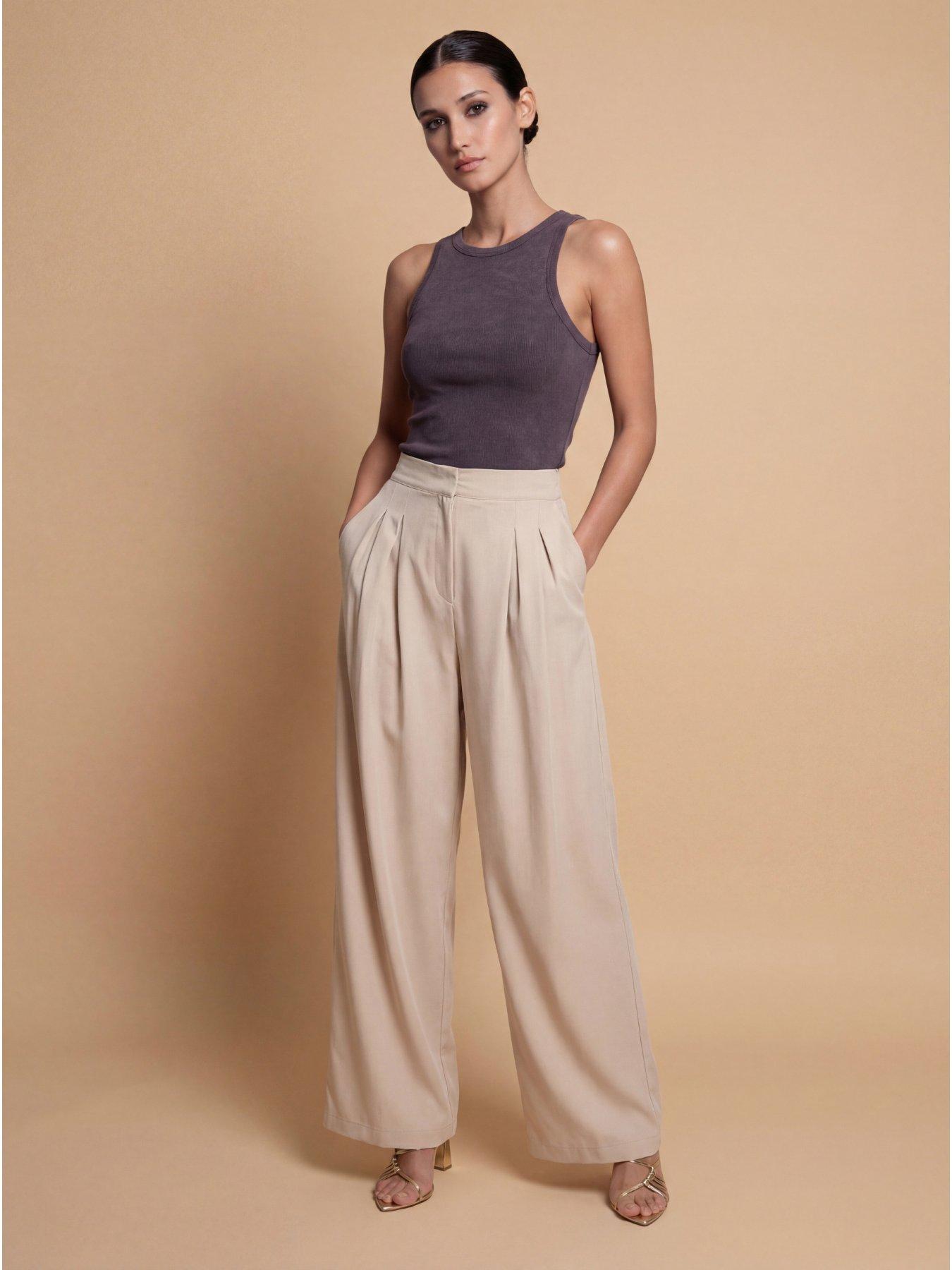 Little Mistress Pleat Wide Leg Trousers - Beige