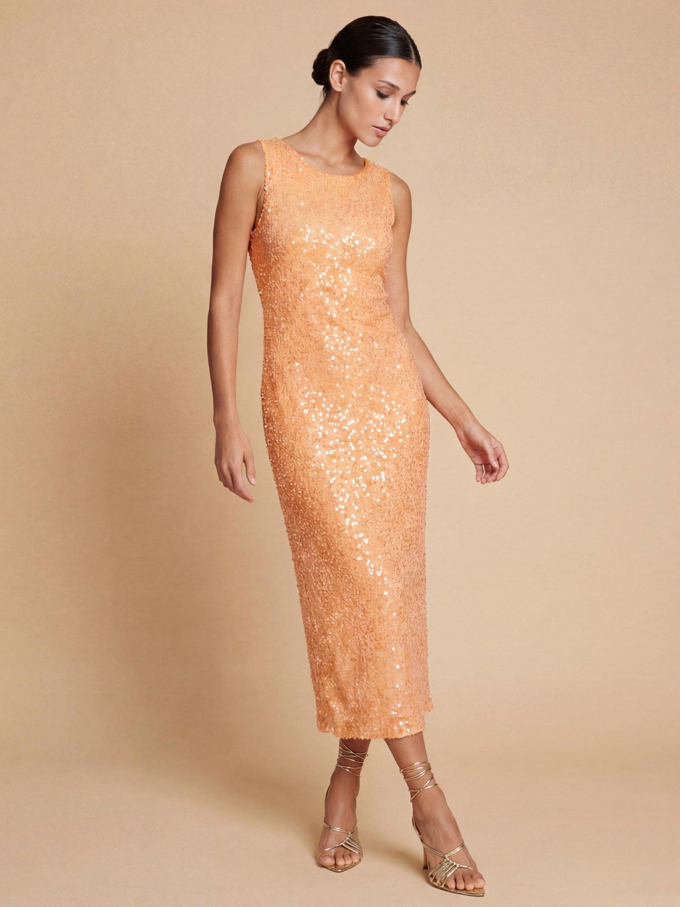 Little Mistress Sequin Waffle Midaxi Dress - Orange