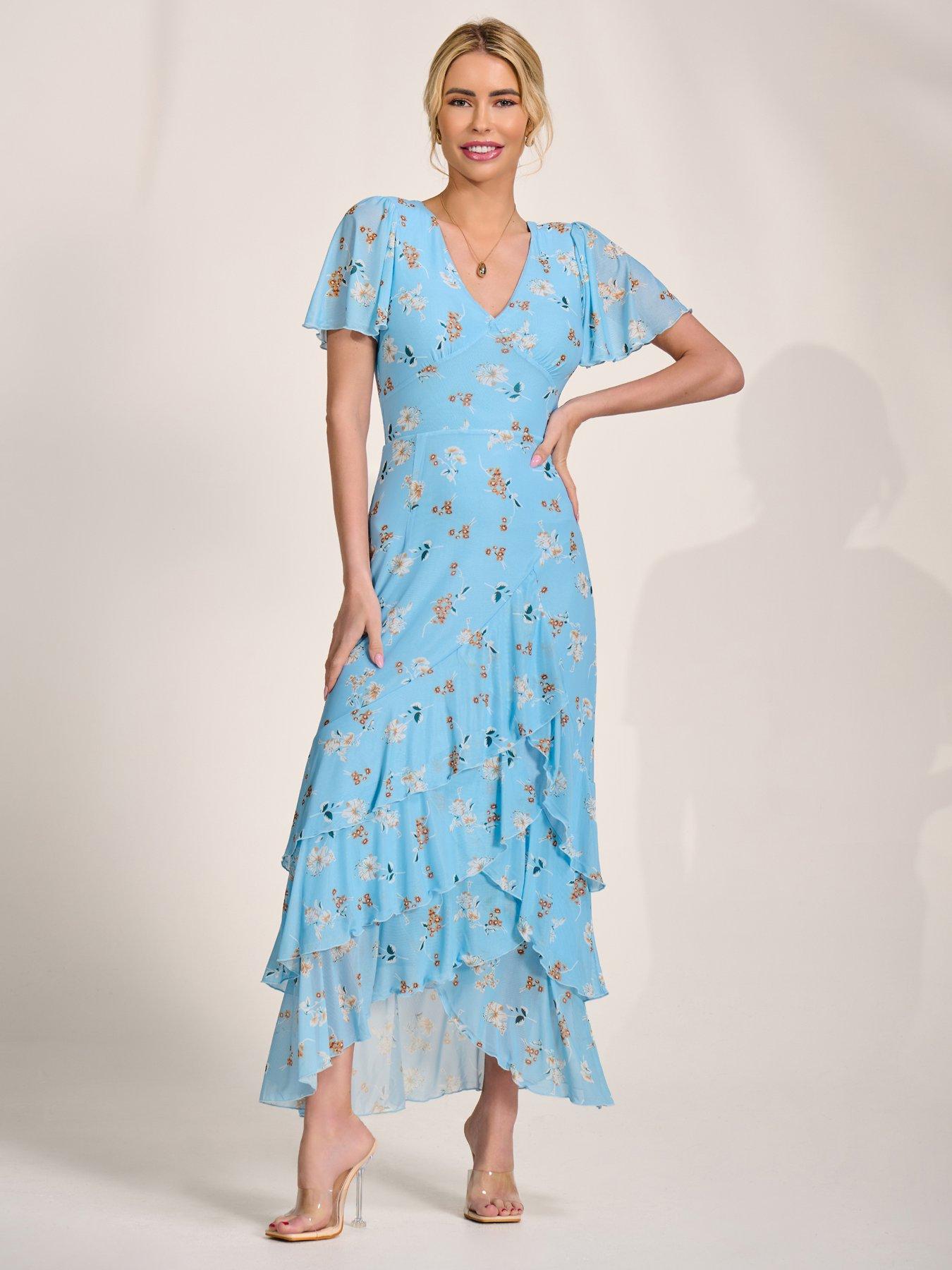 Jolie Moi Ruffle Hem Floral Mesh Midaxi Dress - Blue