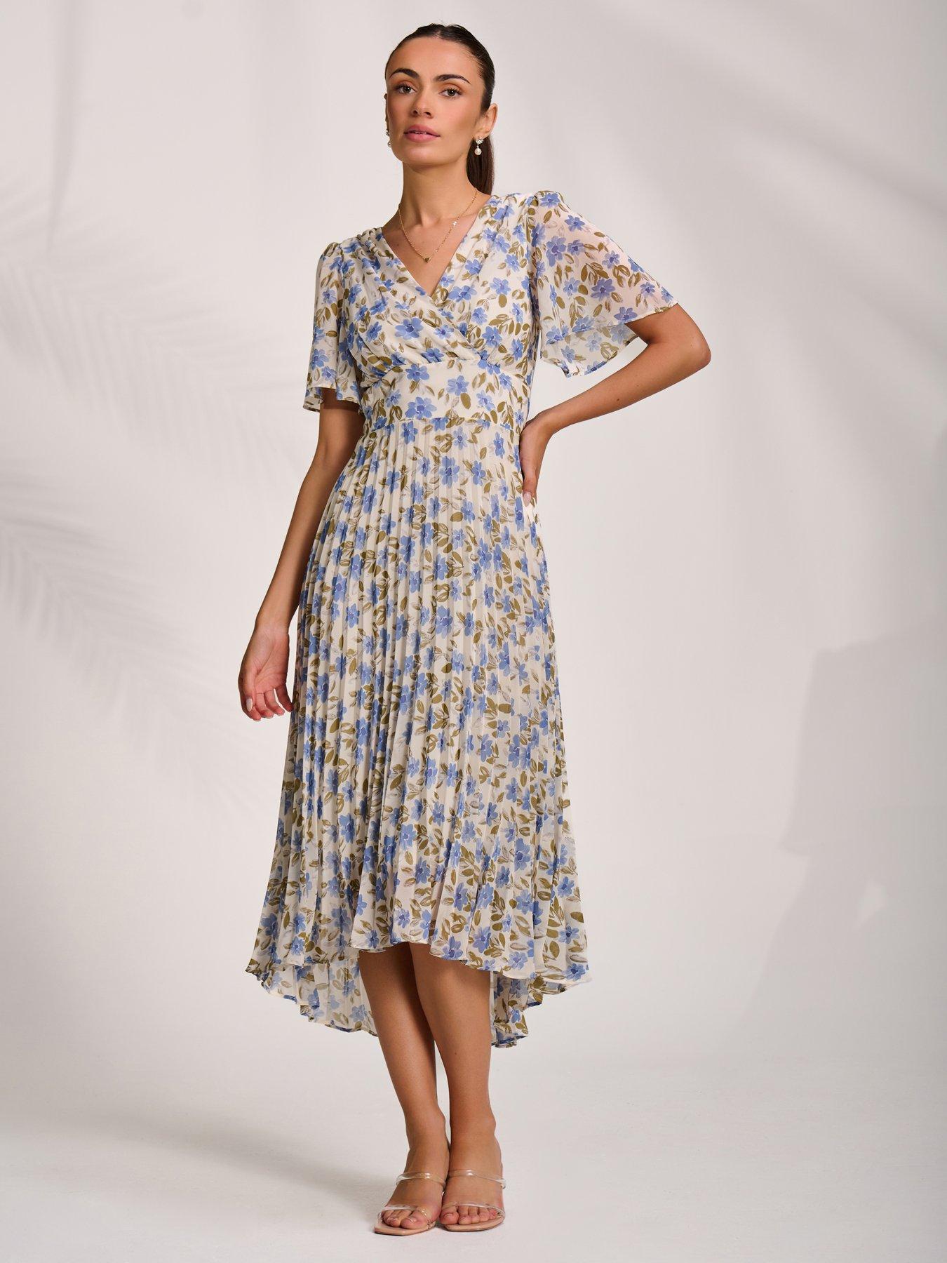 Jolie Moi Printed Chiffon Pleated Maxi Dress - Blue