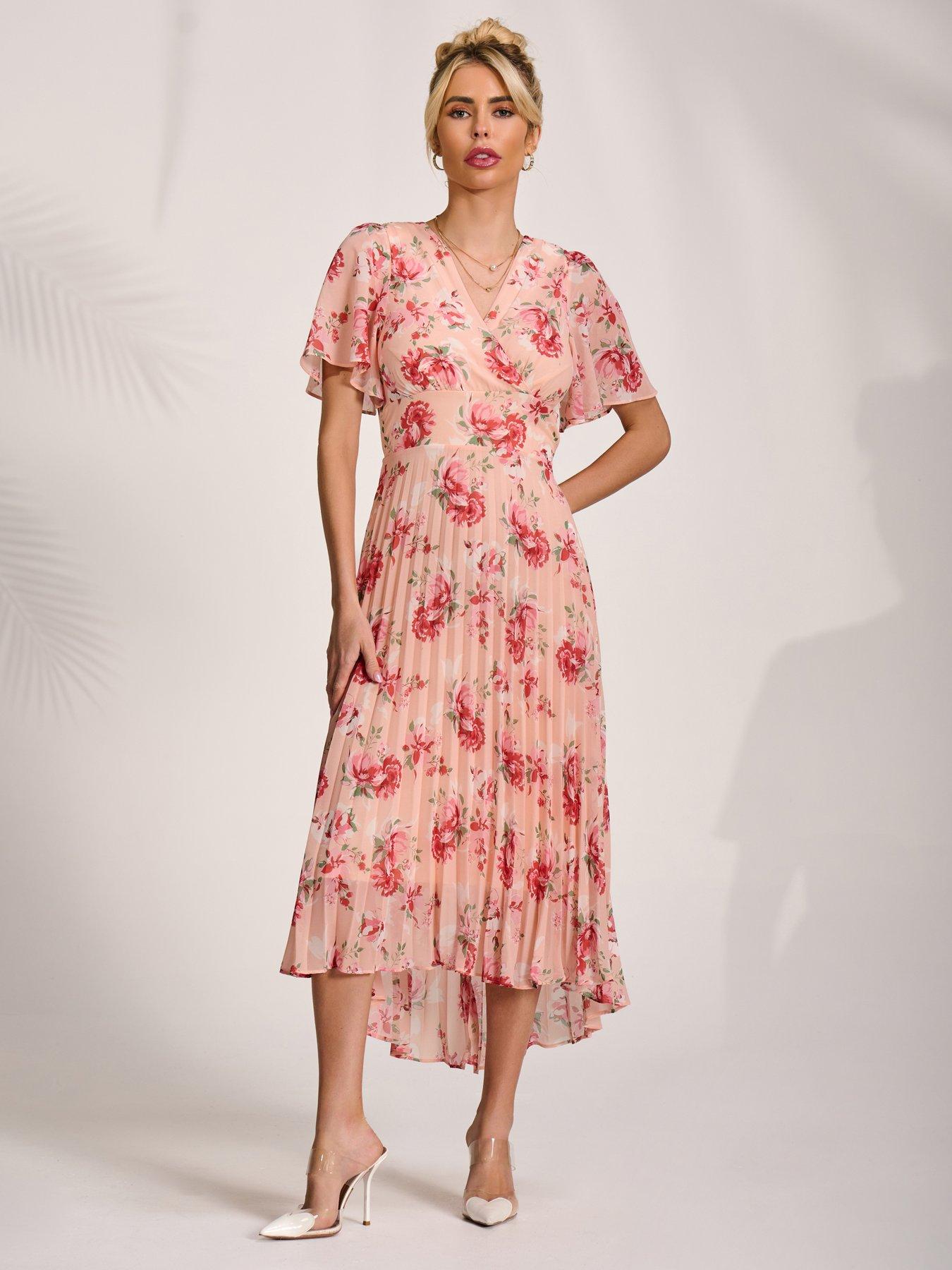 Jolie Moi Printed Chiffon Pleated Maxi Dress - Pink