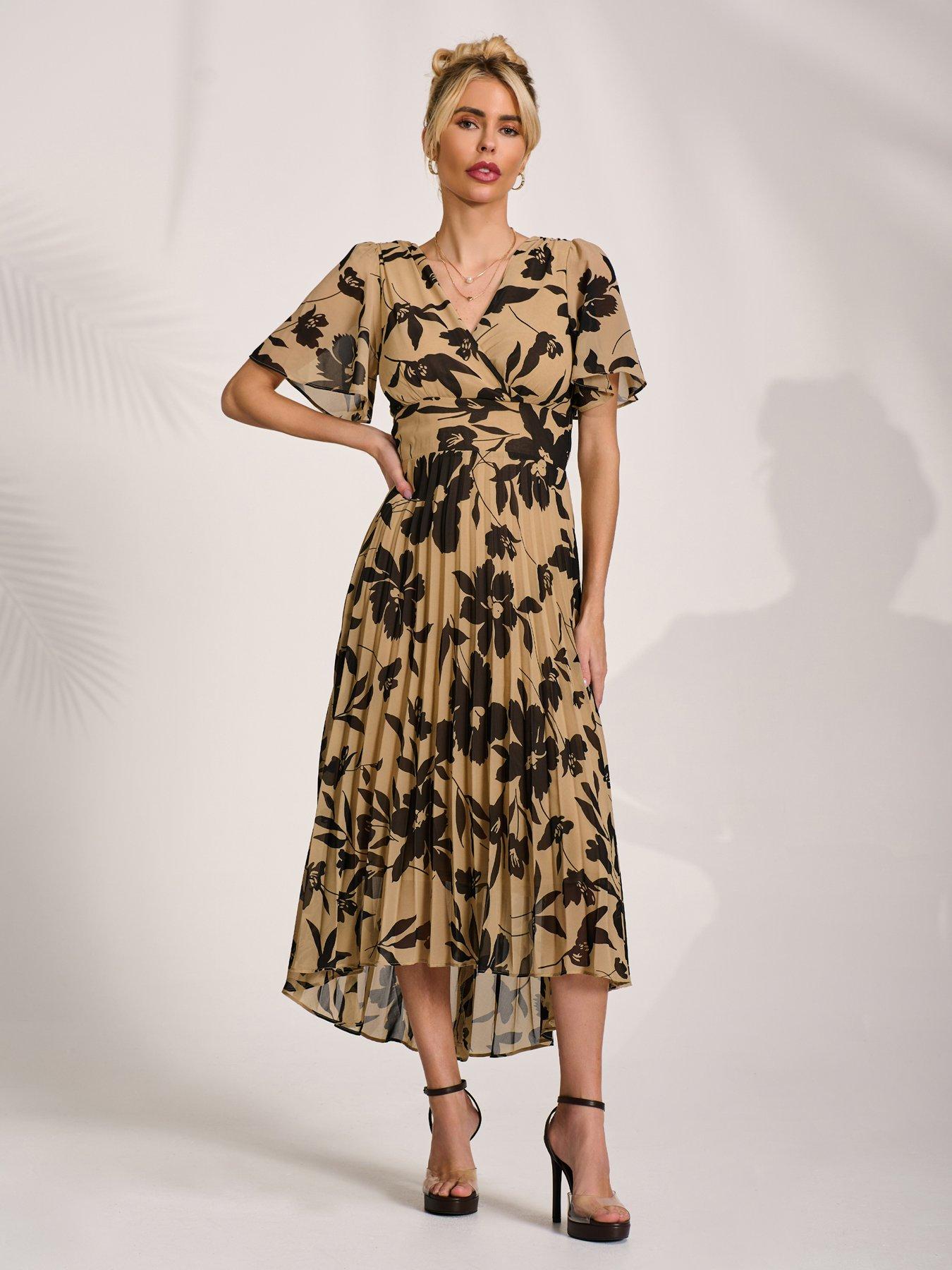 Jolie Moi Printed Chiffon Pleated Maxi Dress - Black