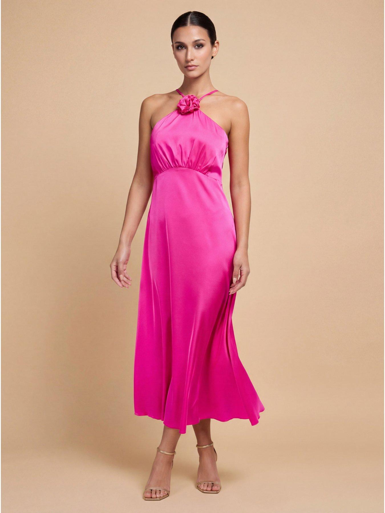 Little Mistress Satin Rosette Midaxi Dress - Pink