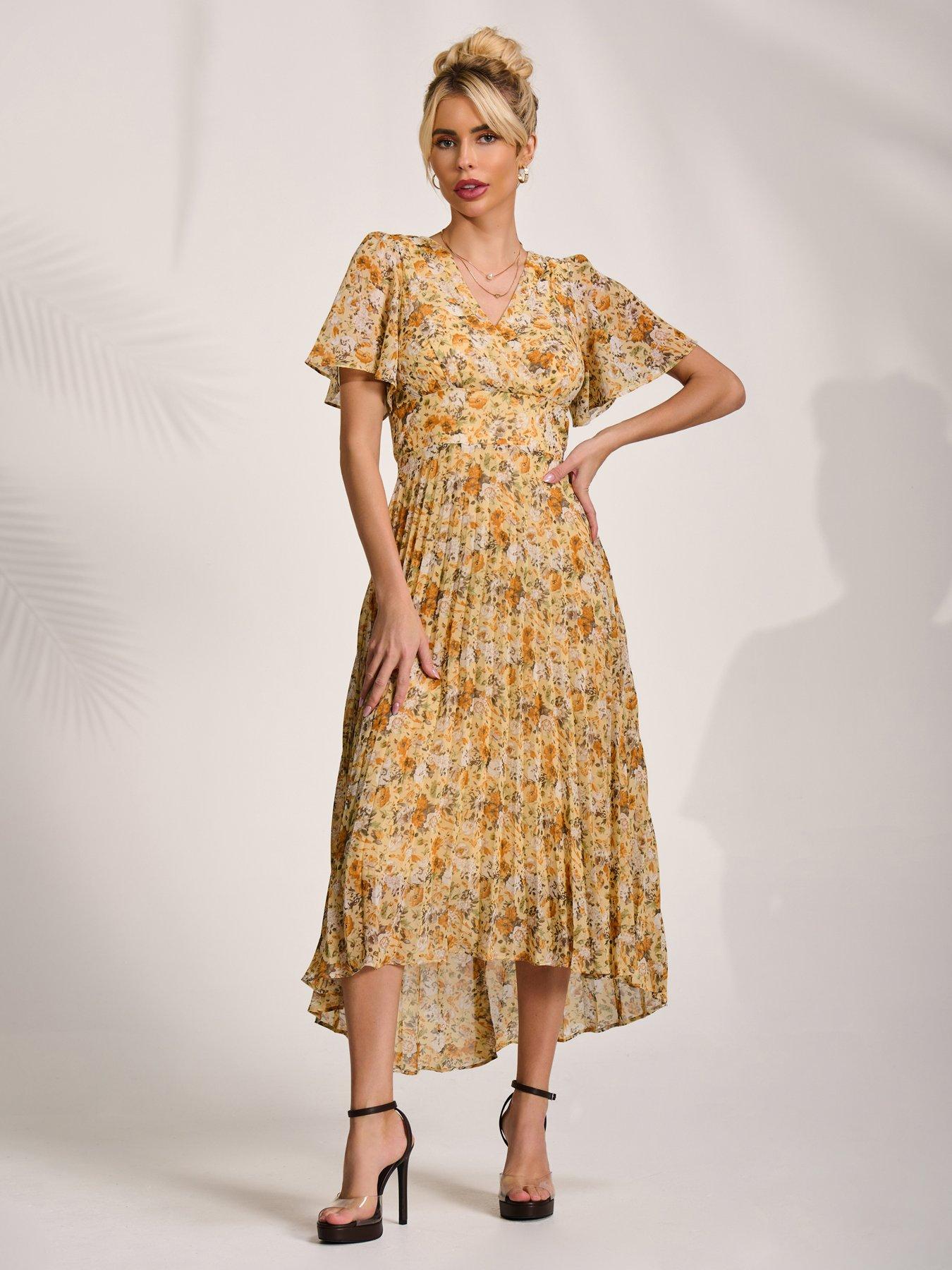 Jolie Moi Printed Chiffon Pleated Maxi Dress - Yellow