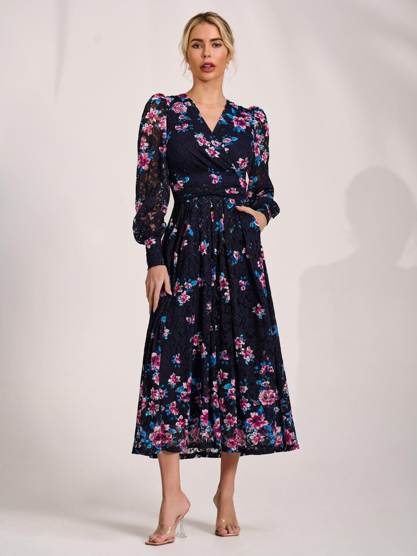 Jolie Moi Long Sleeve Printed Lace Maxi Dress