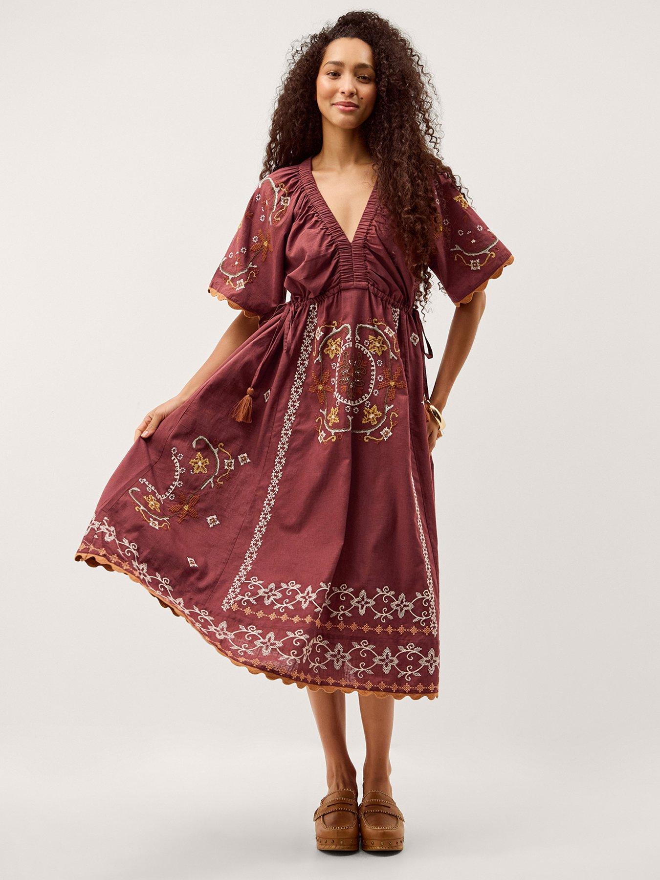 Image 1 of 5 of Monsoon Greta Embroidered Dress - Brown