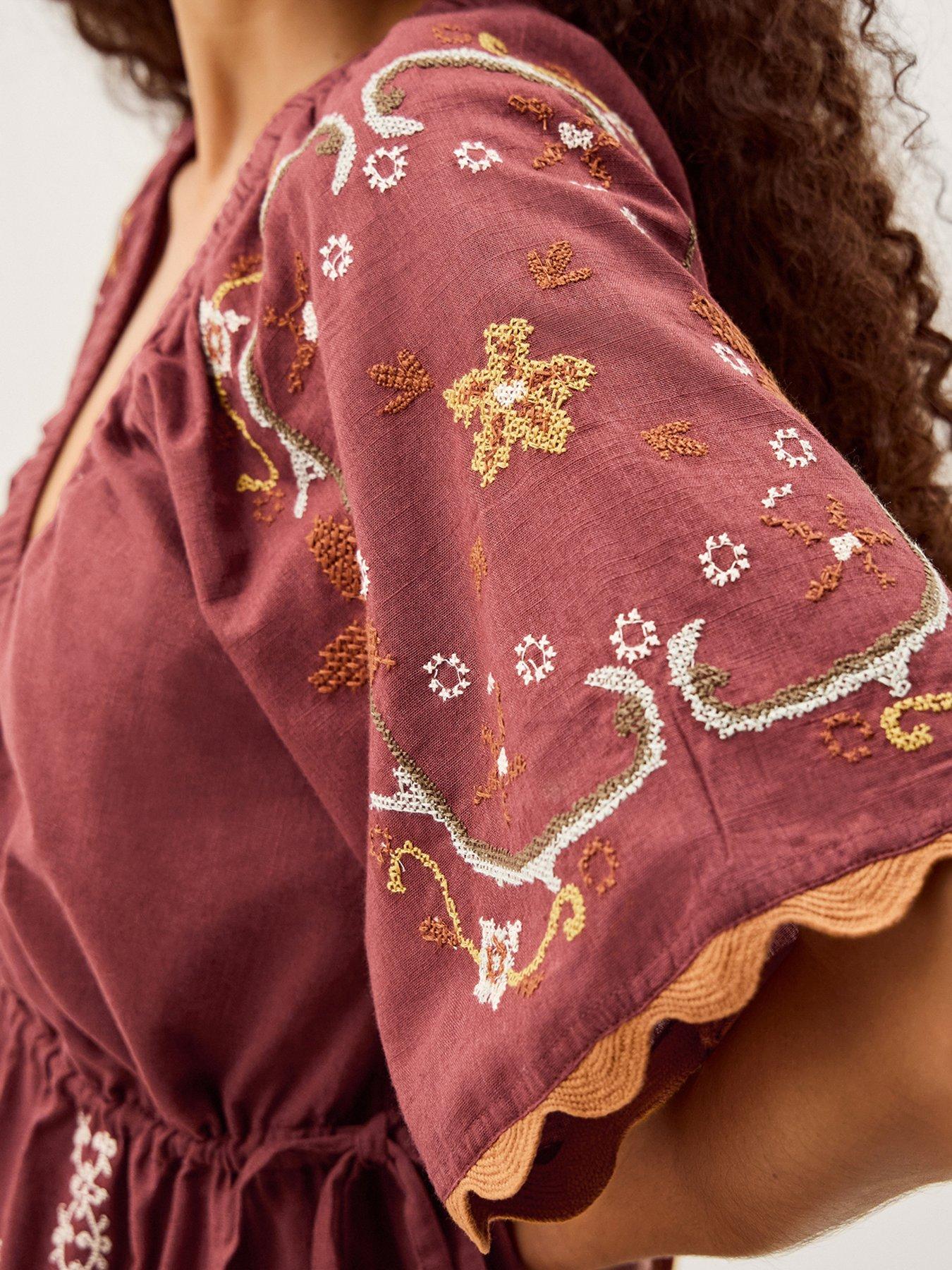 Image 4 of 5 of Monsoon Greta Embroidered Dress - Brown