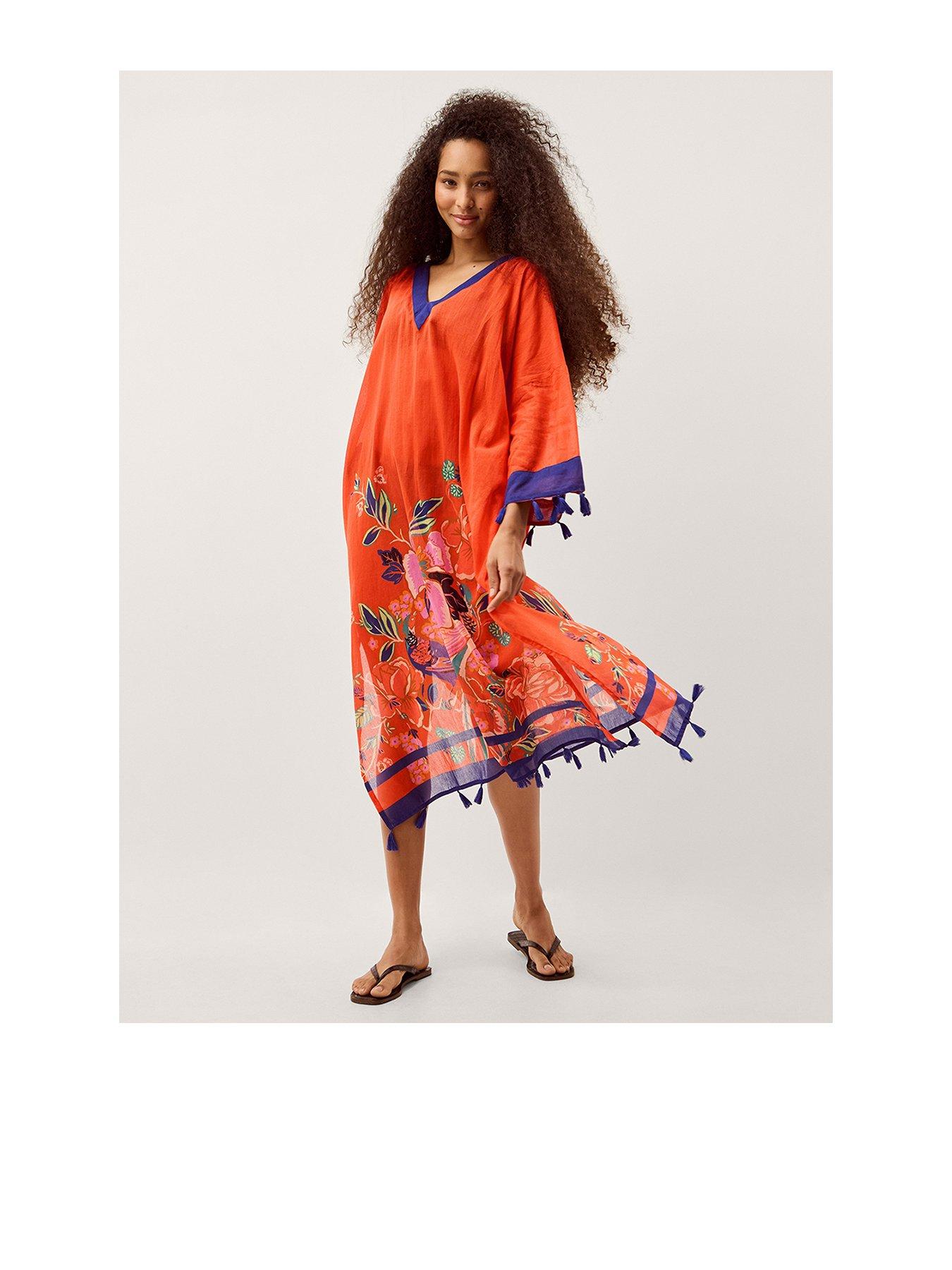 Image 1 of 6 of Monsoon Carmen Floral Print Midi Kaftan - Orange