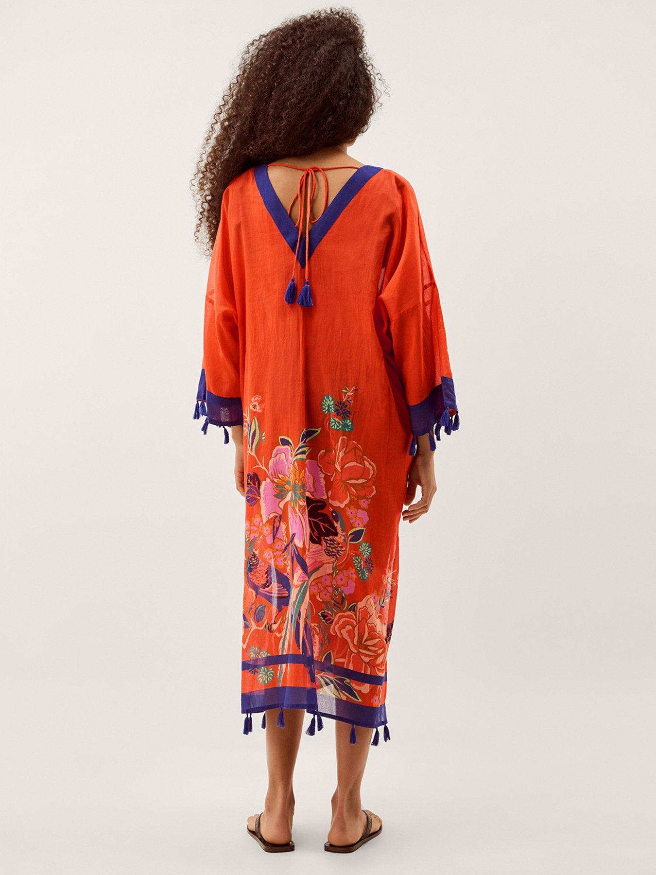 Image 2 of 6 of Monsoon Carmen Floral Print Midi Kaftan - Orange