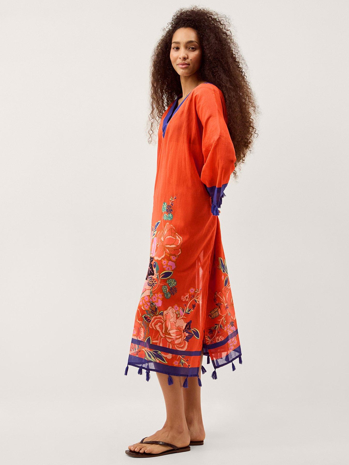 Image 3 of 6 of Monsoon Carmen Floral Print Midi Kaftan - Orange
