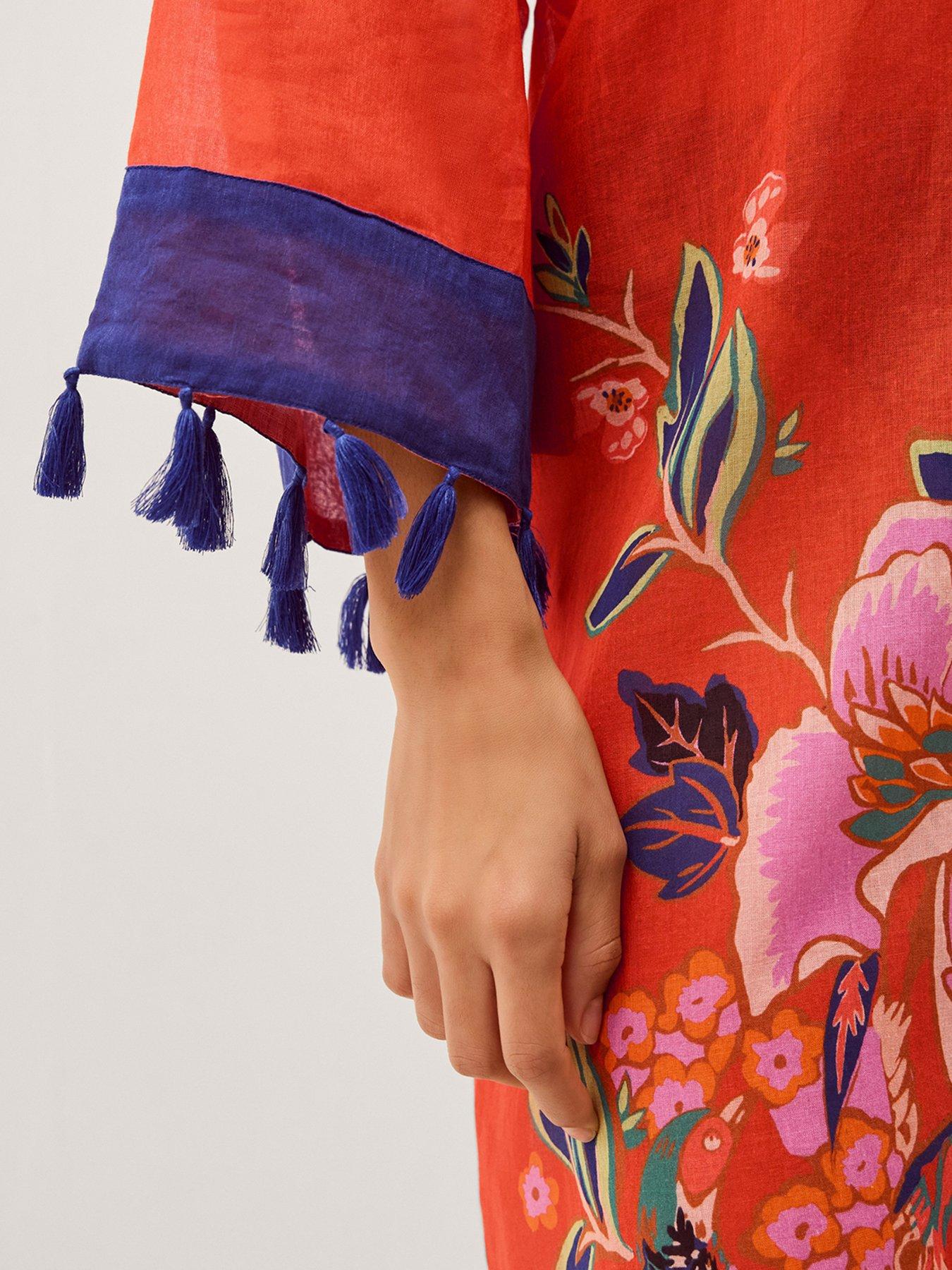 Image 4 of 6 of Monsoon Carmen Floral Print Midi Kaftan - Orange