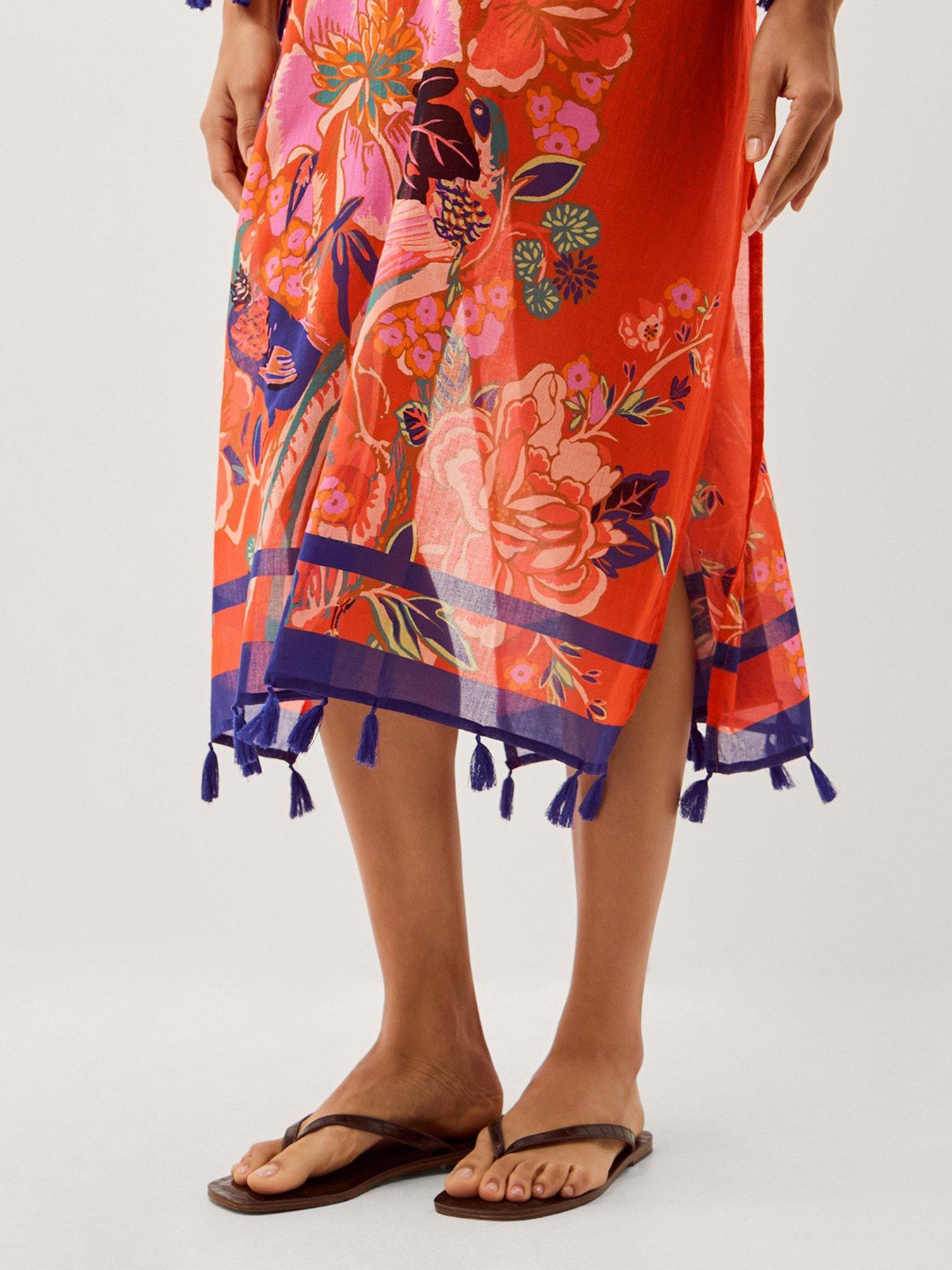 Image 5 of 6 of Monsoon Carmen Floral Print Midi Kaftan - Orange