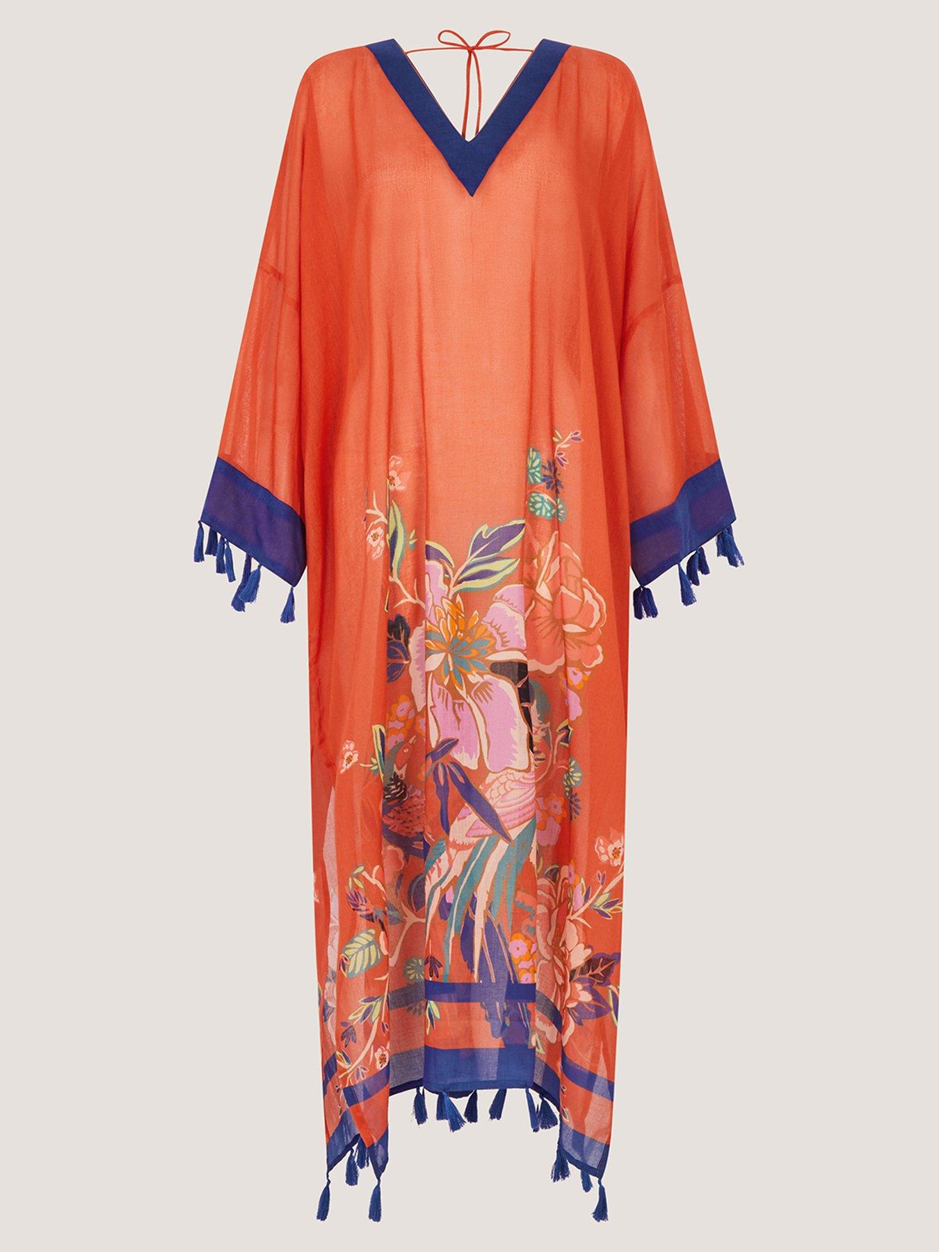 Image 6 of 6 of Monsoon Carmen Floral Print Midi Kaftan - Orange