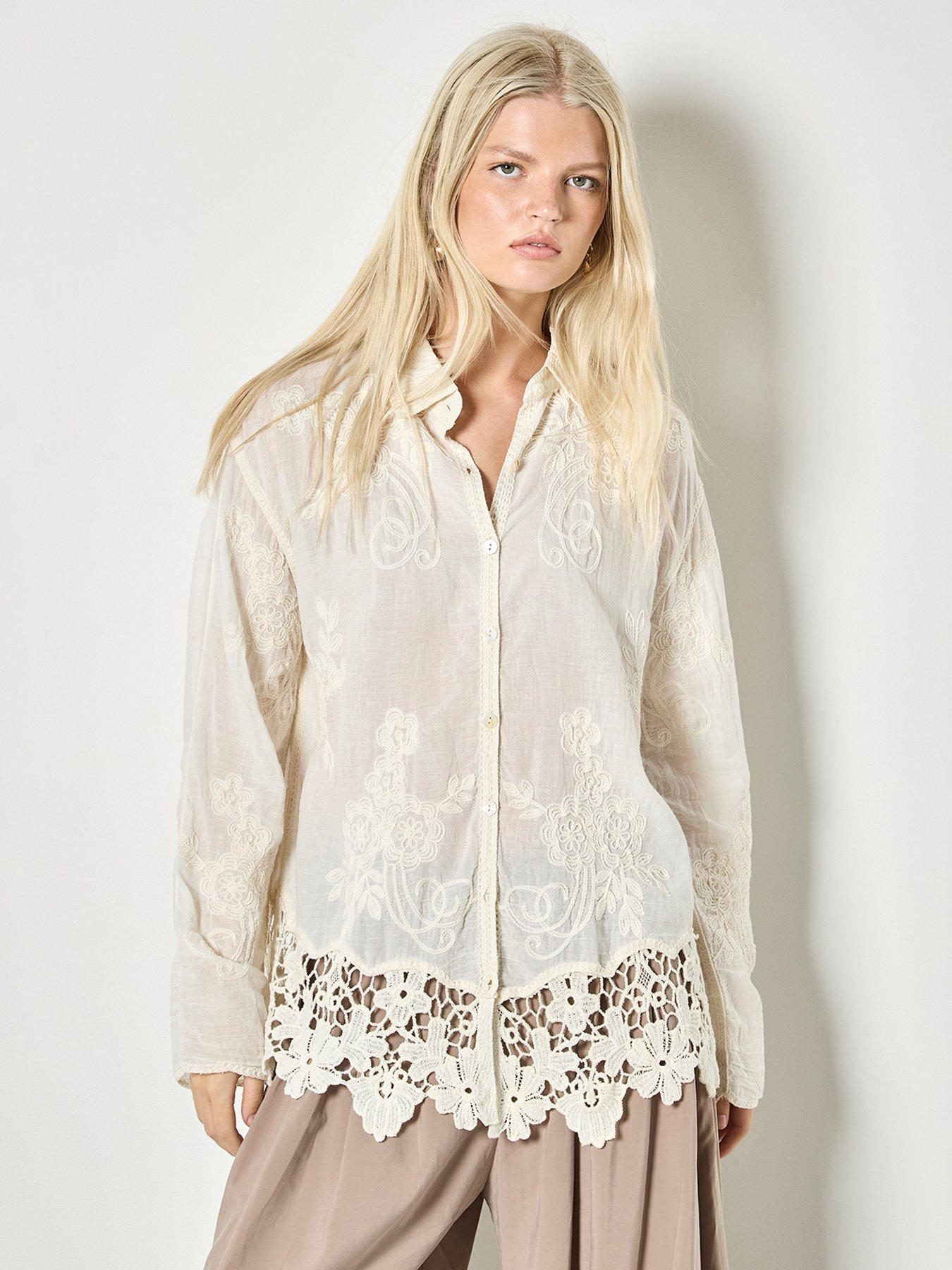 Image 1 of 4 of Apricot Embroidered Mesh Lace Edge Oversized Shirt - Cream