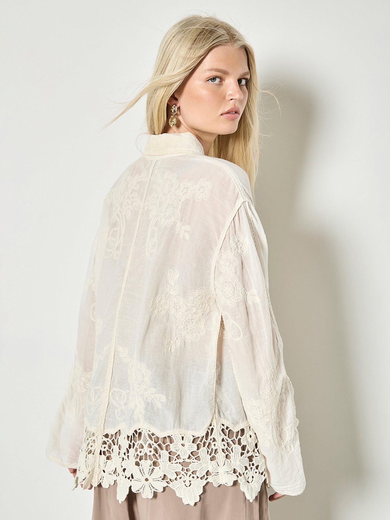 Image 2 of 4 of Apricot Embroidered Mesh Lace Edge Oversized Shirt - Cream